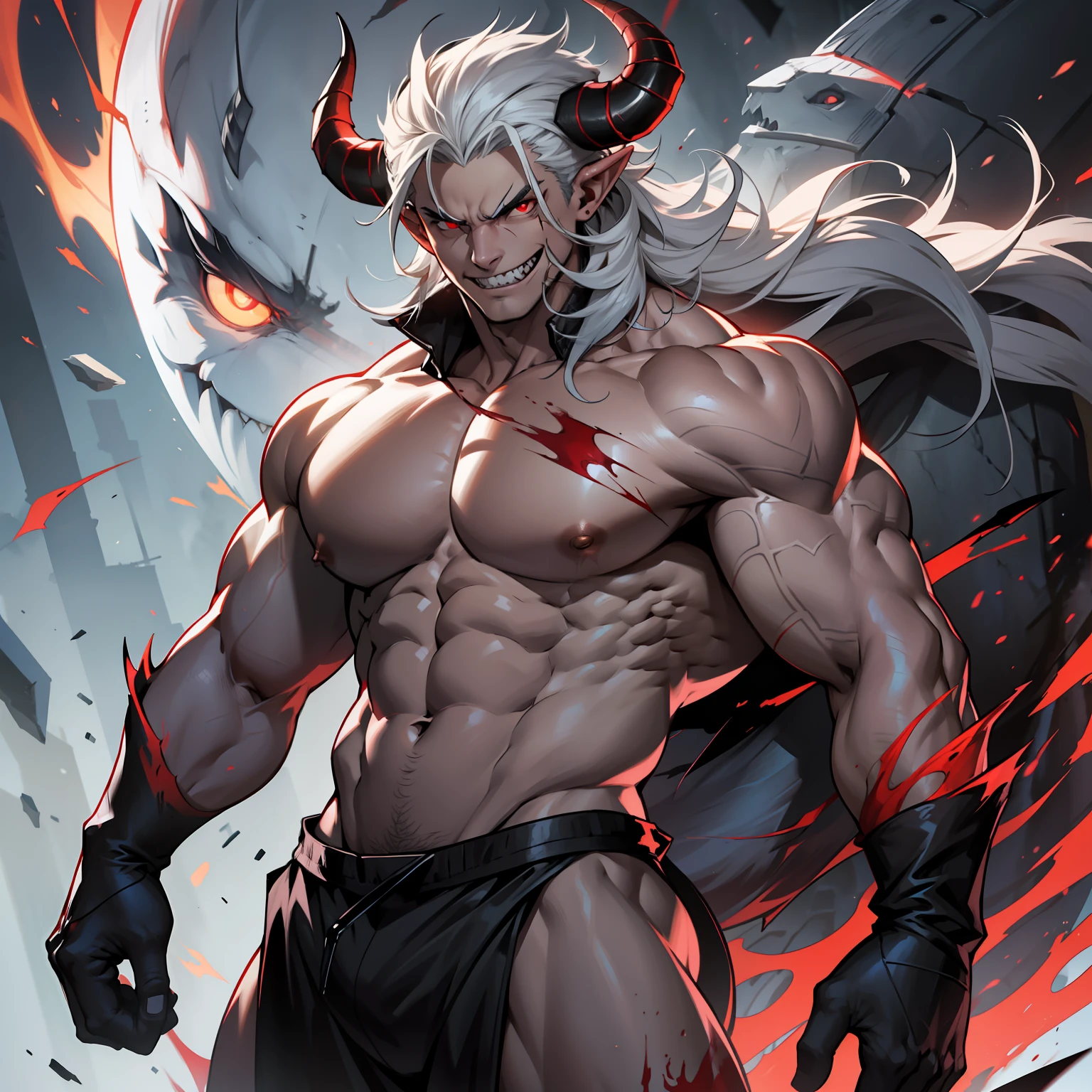 My demon form is tall and imposing, standing at over 6 feet in height, with a muscular build similar to that of a body builder. My skin is ash gray, while my eyes are blood-red and glowing brightly. I have two curved horns protruding from the top of my head, and two smaller horns protruding from the side of each cheek next to my eyes. My sharp teeth are clearly visible when I smile, which is often. I also have a curved tail that is roughly the length of my entire body.