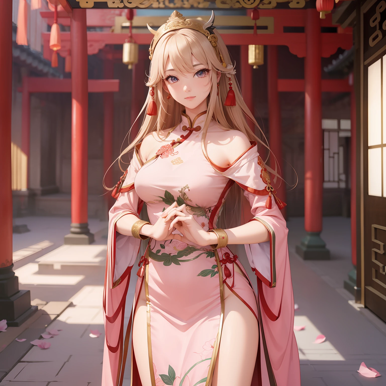 Woman, Standing Inside a Chinese temple, beautiful face, full body, perfect face, cream long hair, beautiful eyes, masterpiece, best quality, fix hands