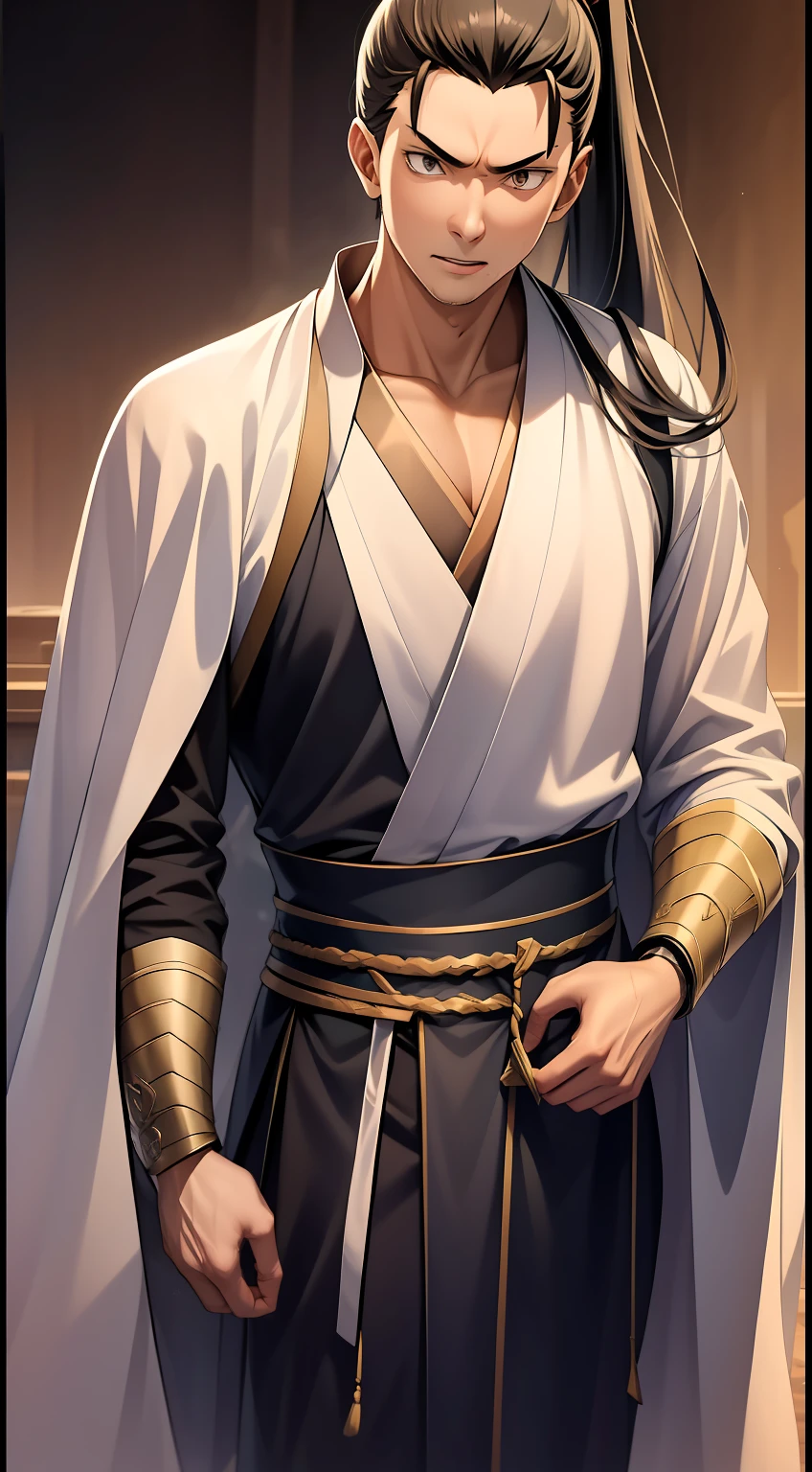 quadratic element,style of anime,mtu(Male Warrior),The proportions are correct,Face details,swordsmen,High ponytail hairstyle,Neck details,There is an Adam's apple,Black Hanfu,kaftan,Embroidered robes,Black robe,clothes details,Handing over,longer sleeves,Game quality,Swordsmanship,Light and shadow tracking,Ray traching,detailed glow,cg render,hair detail,long white hair,Black eyes,Handsome,Handsome,(juvenile sense),Clothing is complicated,Perfectcomposition,Refinement,high qulity,higher details,Lots of details,The background is complex,a sense of atmosphere,