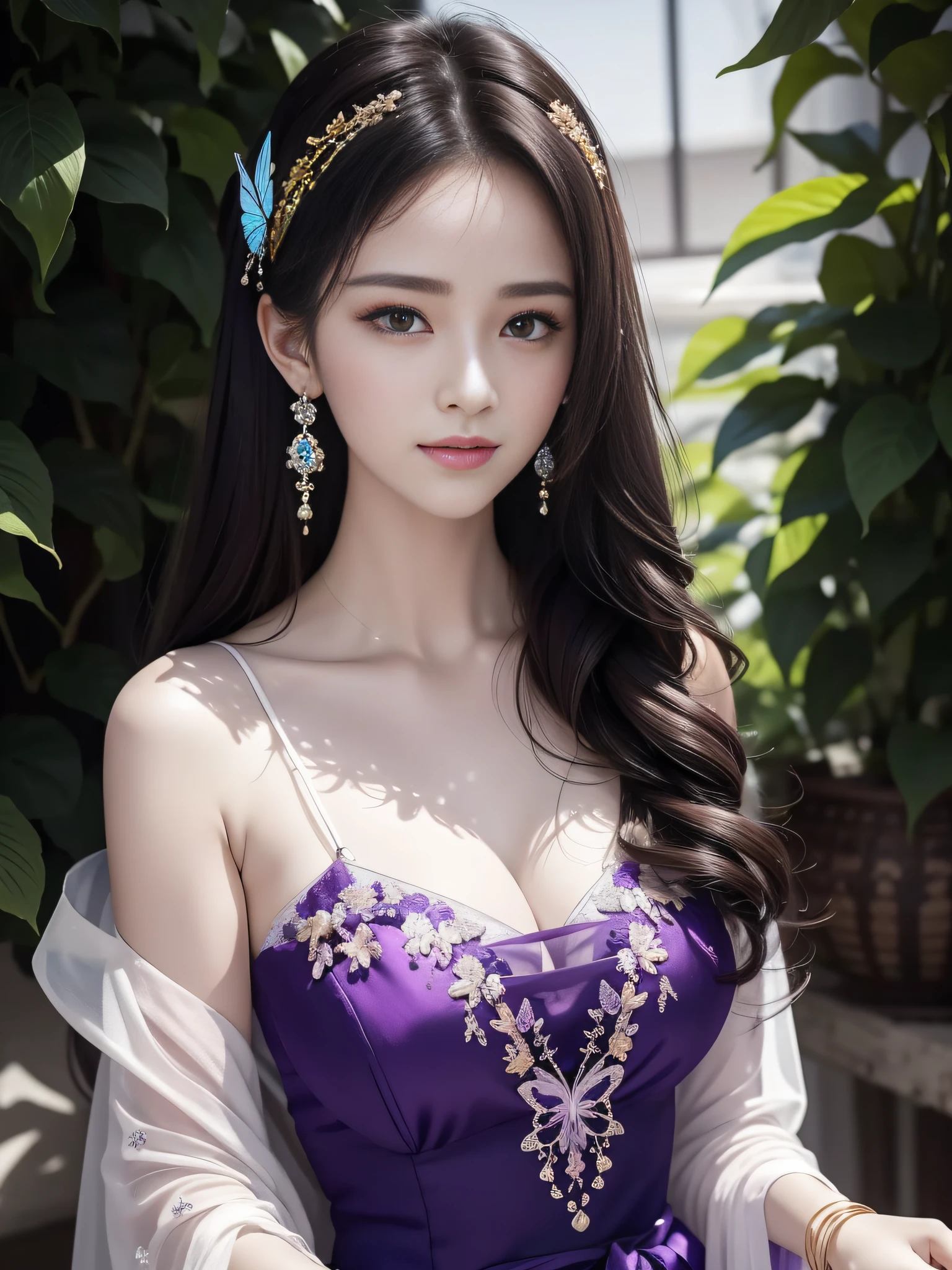 She wears a long purple dress,Between the arms is a white and purple translucent shawl embroidered with a butterfly pattern。A soft blue silk head hangs down behind,Tie together near the ends of the hair。On one side of the hair is a hollow butterfly hairpin of blonde quality,At the end of the hairpin hangs a few strands of gold silk chains,Around the neck of the hairpin hangs a few strands of sparkling crystals。There are a pair of purple Spar earrings on the left and right earlobes,When slightly shaking in the sun,The earrings will blink non-stop。Delicate face,Decorate with a little powder,More elegant and noble。Purple eyes and purple dress on the chest and partly snow-white