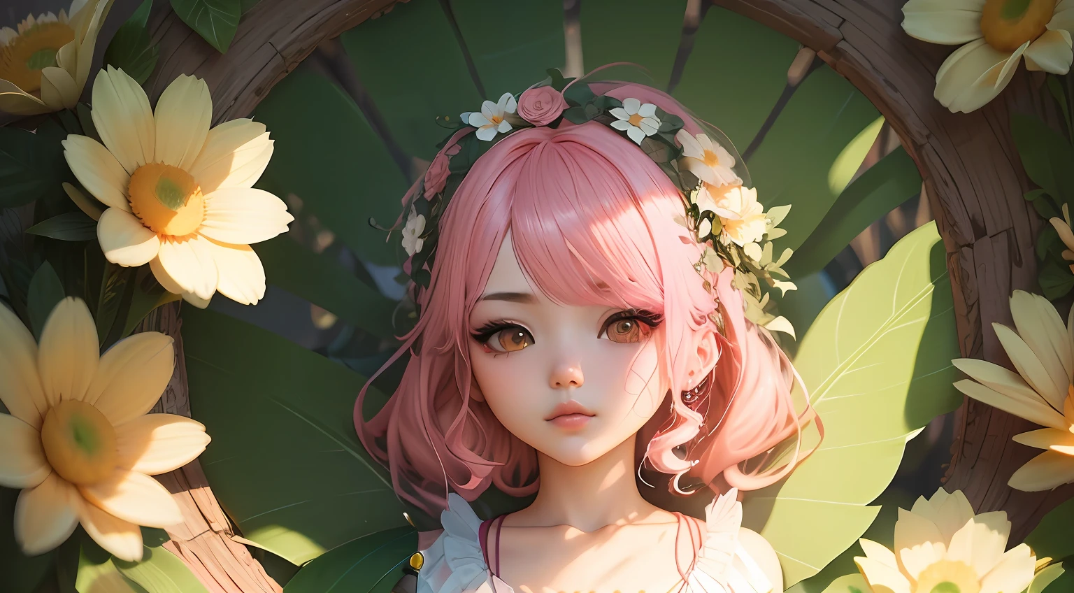 There is a doll with pink hair and a wreath of flowers, kawaii retrato realista, Arte no estilo de Guweiz, estilo anime. 8k, Guweiz, Estilo anime 3D realista, bonito rosto de anime natural, 8k portrait render, Retrato de uma fada, Guweiz em Pixiv ArtStation, anime estilizado, retrato bonito