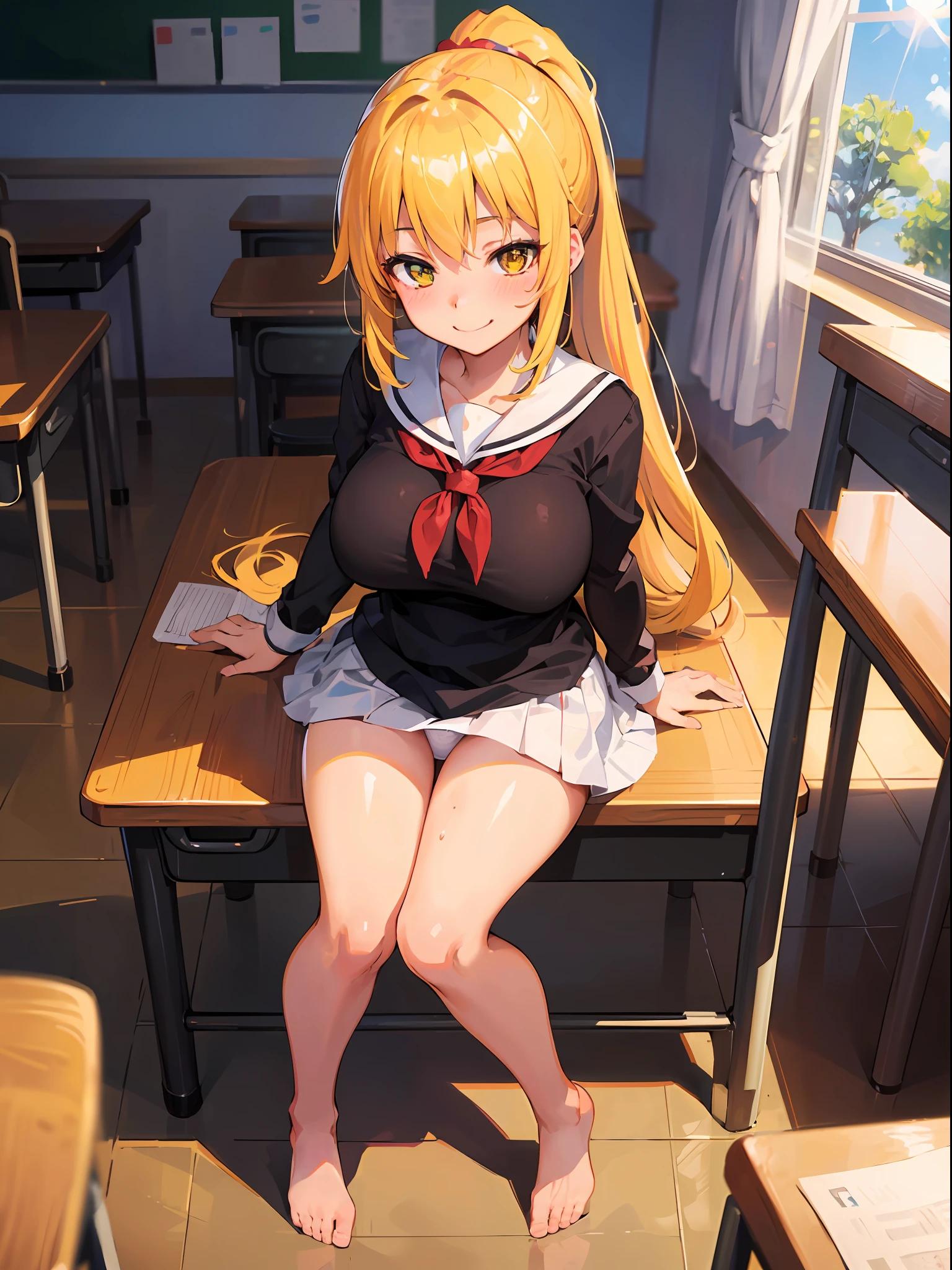 ((masterpiece)), ((best quality)), (ultra-detailed), ((kawaii)), cute, (lovely), ((sexy)), (ero), ((extremely detailed)), 4K, (8K), best quality, (beautiful), illustration, anime style, painting, dynamic angle, full body, colorful, gradation, full body focus, school, in the classroom, evening, summer, a cute girl, 1girl, solo, school uniform, beautiful yellow hair, beautiful yellow eyes, ((beautiful eyes)), white-skinned, ponytail, large breast, wearing underpants, smile, triumphant look, smug look, self-satisfied look, blush, sparkling effect, lens flare, shiny-glistening, gleaming