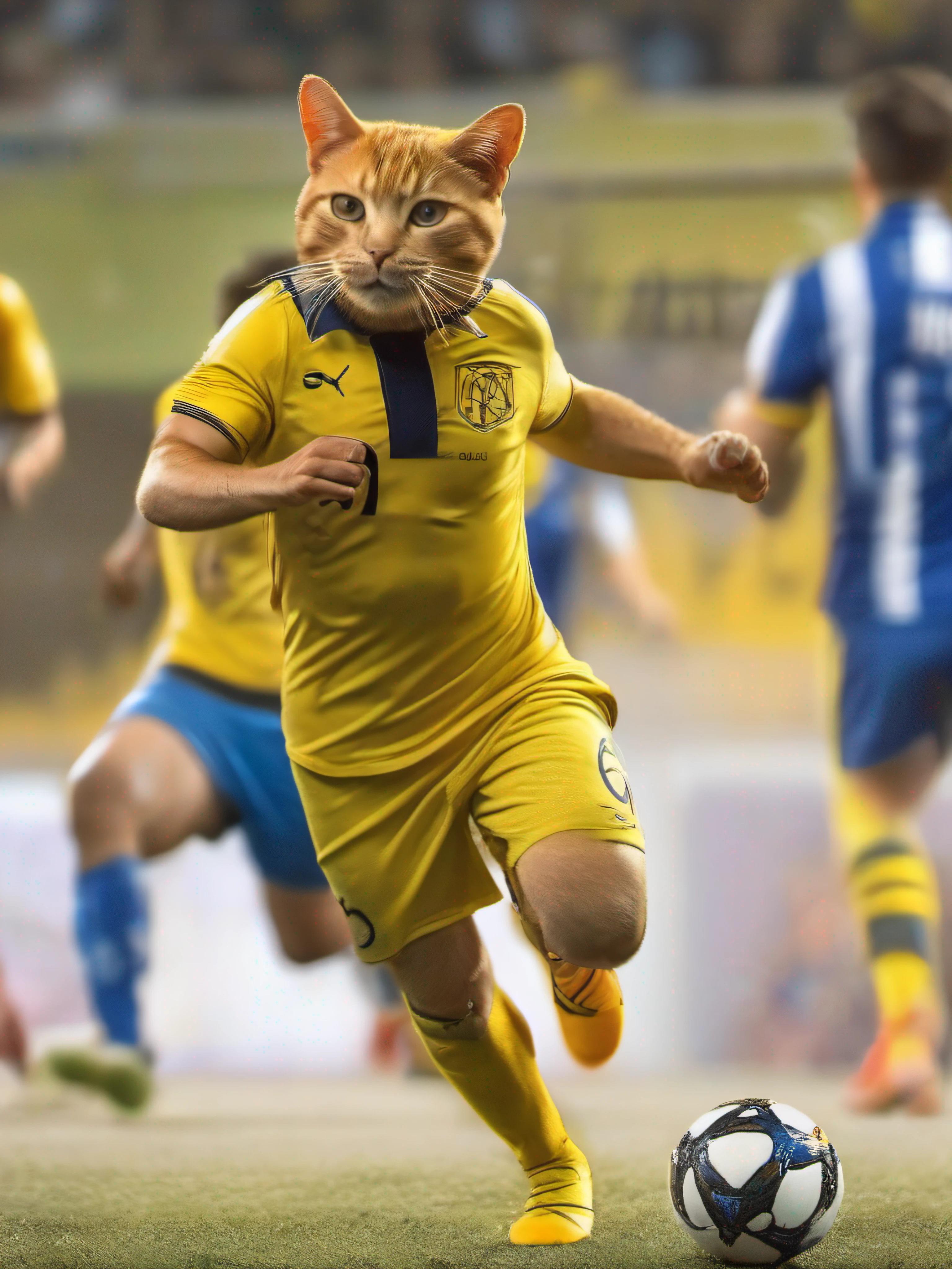 (master part, melhor qualidade, .cgi, Arte Oficial:1.4), (gato amarelo de botas jogando futebol:1.3), (vestindo um uniforme de futebol amarelo vibrante:1.2), (Sony Alpha 1 camera, Known for capturing fast action with exceptional detail:1.3), (emparelhado com o Sony FE 70-200mm f/2.8 GM lenses for sharp and accurate photos:1.3), (O gato amarelo de botas no meio do chute, mostrando agilidade e habilidade:1.2), (A bola de futebol no campo verde, congelado em movimento:1.2), (the stadium crowd cheering and waving flags in the background:1.1), (a pele do gato amarelo de botas babando na brisa enquanto corre:1.1), (seus olhos se concentraram atentamente na bola:1.1), (the camera capturing the emotion of the moment with clarity and precision:1.1), (o gramado detalhado do campo de futebol, marcado com linhas brancas:1.1), (the stadium lights illuminating the scene with a warm glow:1.2), (as cores vibrantes das camisas da torcida criando uma atmosfera animada:1.1), (a sense of movement and energy as the yellow cat in boots engages in the game:1.1), (the rendering .cgi mostrando cada detalhe da cena:1.1), (the expressions of emotion and joy of the fans when watching the match:1.1), (a dynamic angle capturing the action from an exciting perspective:1.1), (um momento congelado no tempo, Epitomizing the spirit of football:1.1), cinemactic, hiper-detalhado, detalhes insanos, Lindamente colorido, Motor irreal, DOF, Super-Resolution, Megapixel, cinematographic lightning, antialiasing, FKAA, TXAA, RTX, SSAO, Post processing, post - production, Mapeamento de tons, .cgi, VFX, SFX, Insanamente detalhado e intrincado, Hiper maximalista, hyper realistic, volumetric, fotorrealista, ultra fotorreal, ultra-detalhado, detalhes intrincados, 8k, super detalhado, Colorido, Volumetric lightning, HDR, Realistic, Motor irreal, 16k, foco nítido, Octane render --v testp