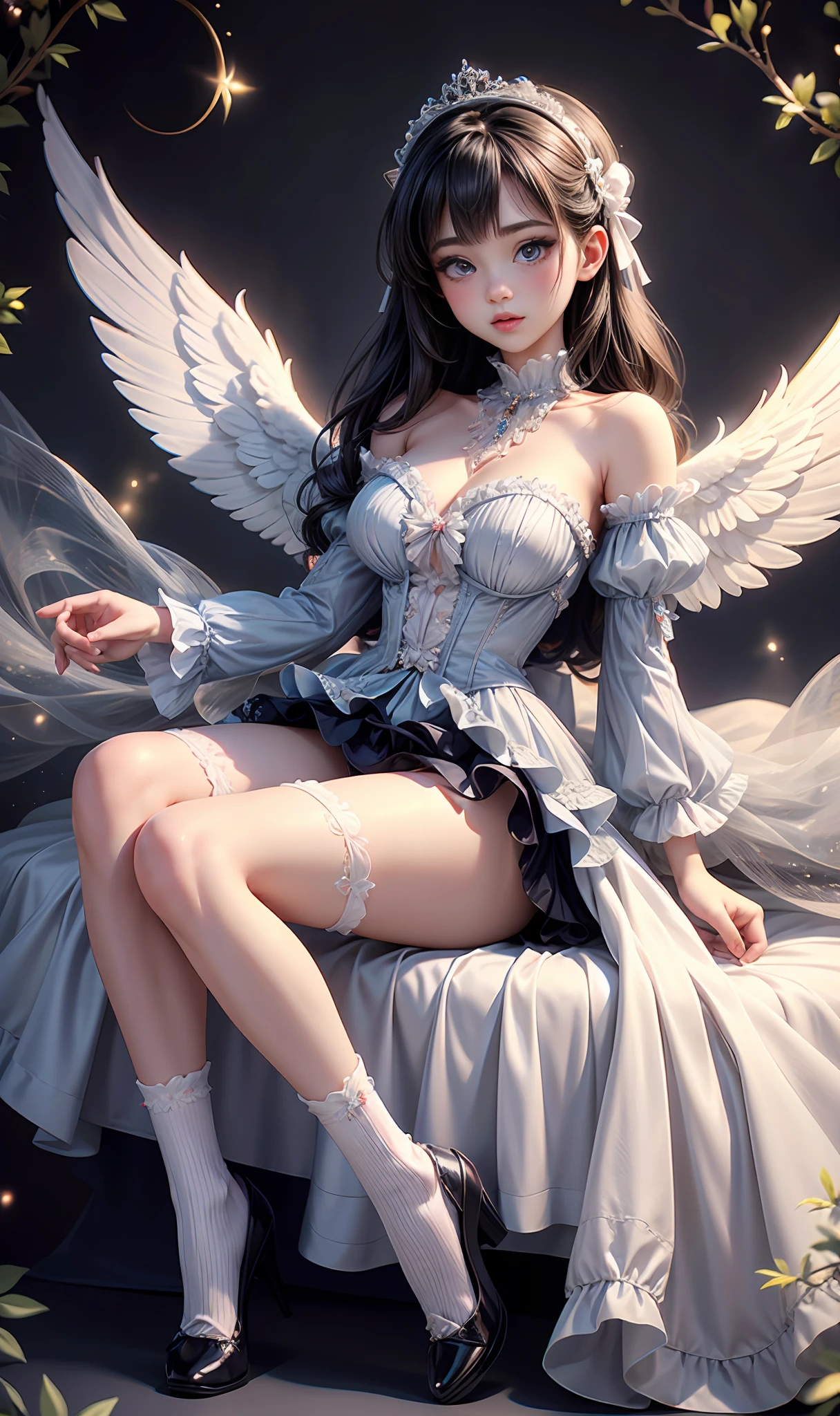 Adult woman in ta style posing for photo, Erotic look, Full body!!, angelic pretty, A dark-haired、pale-blue、Erotic Poses, white panties, White ruffled socks