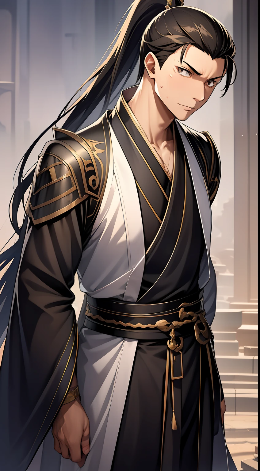 quadratic element,style of anime,mtu(Male Warrior),The proportions are correct,Face details,swordsmen,High ponytail hairstyle,Neck details,There is an Adam's apple,Black Hanfu,kaftan,Embroidered robes,Black robe,clothes details,Handing over,longer sleeves,Game quality,Swordsmanship,Light and shadow tracking,Ray traching,detailed glow,cg render,hair detail,long white hair,Black eyes,Handsome,Handsome,(juvenile sense),Clothing is complicated,Perfectcomposition,Refinement,high qulity,higher details,Lots of details,The background is complex,a sense of atmosphere,
