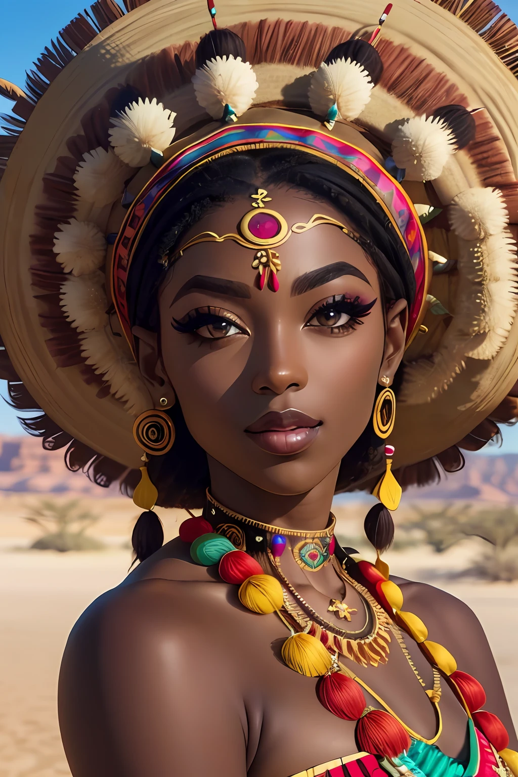 (masterpiece:1.2), (best quality:1.2), perfect eyes, perfect face, perfect lighting, photoshoot, 1girl, mature female wearing SSAHC, SSAHC, dark-skinned, colorful tribal dress, headdress, thick eyelashes, makeup, eyeshadow, medium hair, oasis, desert detailed outdoor background