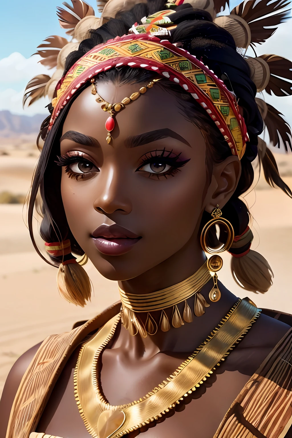 (masterpiece:1.2), (best quality:1.2), perfect eyes, perfect face, perfect lighting, photoshoot, 1girl, mature female wearing SSAHC, SSAHC, dark-skinned, colorful tribal dress, headdress, thick eyelashes, makeup, eyeshadow, medium hair, oasis, desert detailed outdoor background