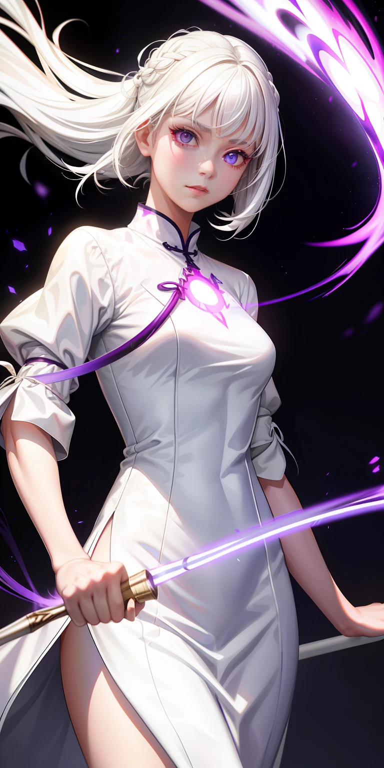 realisticlying，1girl，White hair，Purple eye，glowing light eyes，a women in white aodai，Dim light，Whip in hand，The whip had a little blood on it