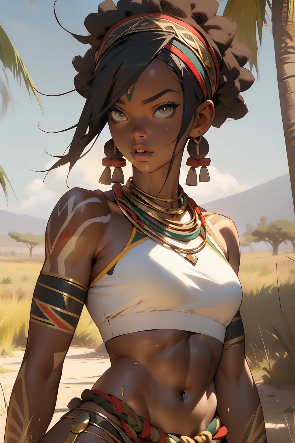 (((absurdists))), (((best quality))), (((masterpiece))), muscular 35-year-old African woman, Zulu warrior, war paintings by body, perfect and proportionate body, black-skinned savanna warrior wearing very few clothes and many necklaces and adornments by the body, tiny bikini made of African beads, holding a spear and walking through the savannah, dry vegetation, lots of heat, she is sweaty and her black skin glows under the scorching African sun