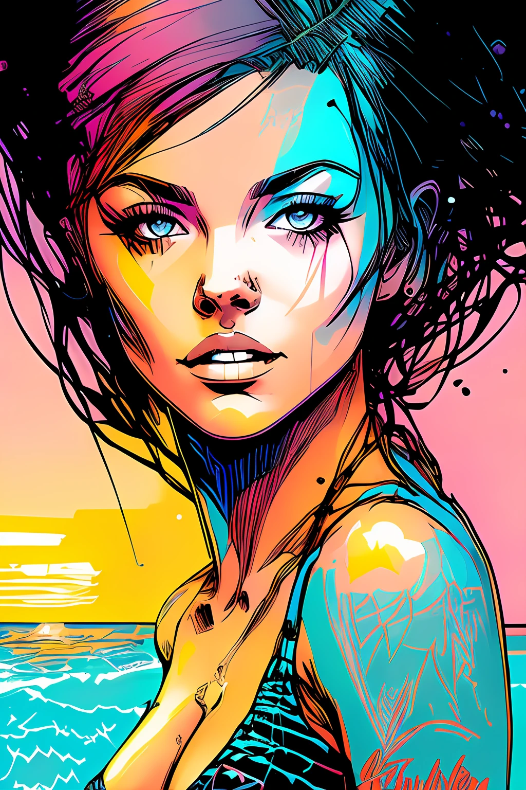 nvinkpunk, (((surfer girl at beach at sunset))), masterpiece, best quality, ((detailed face)), ((award winning)), (High Detail), Sharp, 8k, trending on artstation, intricate