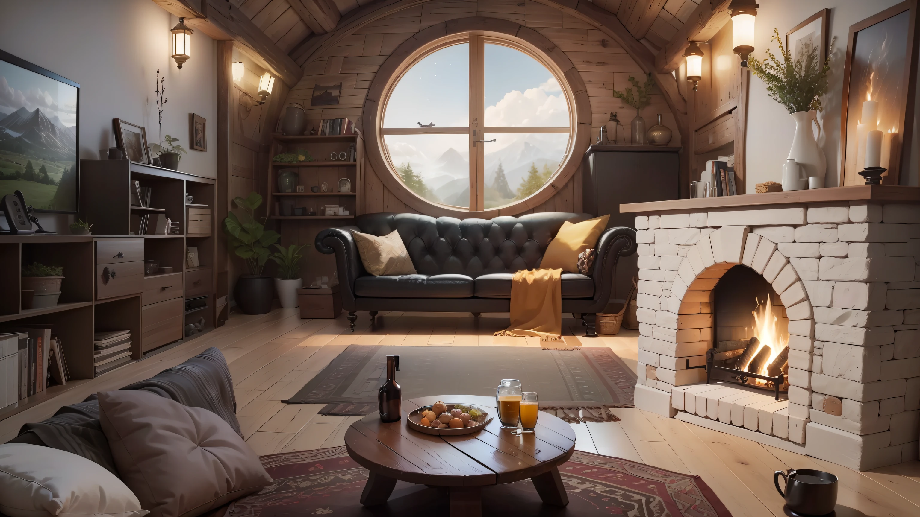 create me a incredile livingroom fireplace with hobbit house
