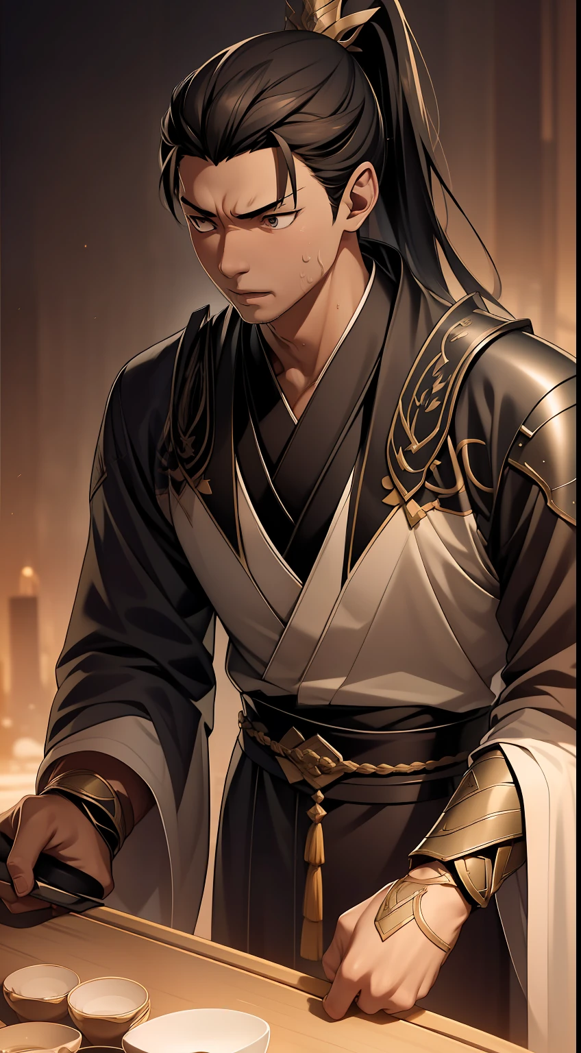 quadratic element,style of anime,mtu(Male Warrior),The proportions are correct,Face details,swordsmen,High ponytail hairstyle,Neck details,There is an Adam's apple,Black Hanfu,kaftan,Embroidered ,Black robe,clothes details,Handing over,longer sleeves,Game quality,Swordsmanship,Light and shadow tracking,Ray traching,detailed glow,cg render,hair detail,long white hair,Black eyes,Handsome,Handsome,(juvenile sense),Clothing is complicated,Perfectcomposition,Refinement,high qulity,higher details,Lots of details,The background is complex,a sense of atmosphere,