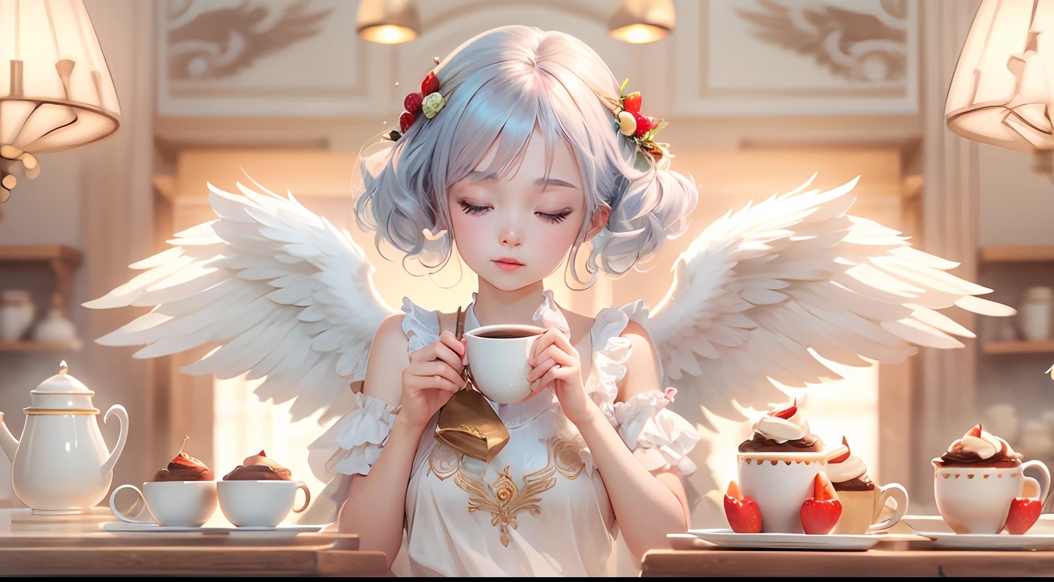photoRealstic、Drawing of a girl with angel wings、Beautiful Angel Girl、Close one eye、Luxurious rooms in the coffee shop、Strawberry Shortcake and Coffee Set