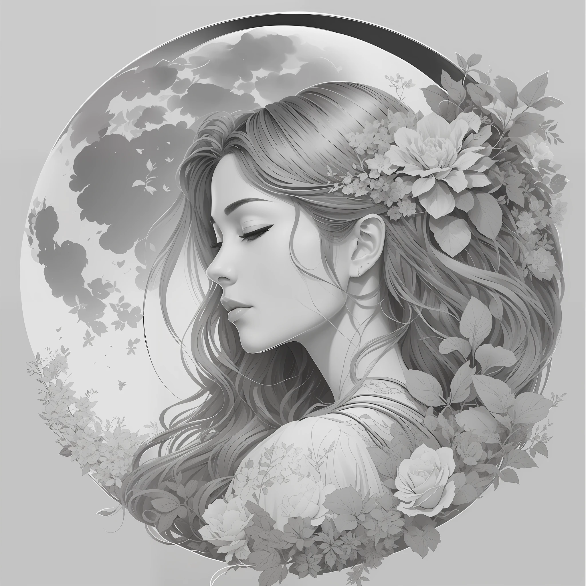um desenho de uma mulher com flores no cabelo, a beautiful artwork illustration, retrato de fantasia fosco detalhado, Beautiful digital illustration, escala de cinza, beautiful artist rendering, exquisite digital illustration, retrato da arte da fantasia, deusa. Detalhes extremamente altos, bela arte de linha, desenho digital detalhado, retrato bonito da arte da fantasia, Grande arte digital com detalhes, retrato bonito detalhado, beautiful illustration