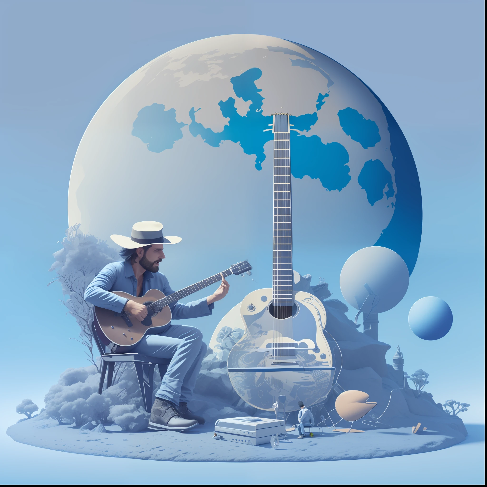 there is a man sitting in a chair playing a guitar, 3 d illutration, highly detailed composition, O guitarrista, musician, 3 d illustration, 3 d illustration, estilo de tim branco, guitarrista, surreal 3 d render, Beeple e Jean Giraud, por Wayne England, Directed by: Glen Angus, Man playing guitar, concept illustartion