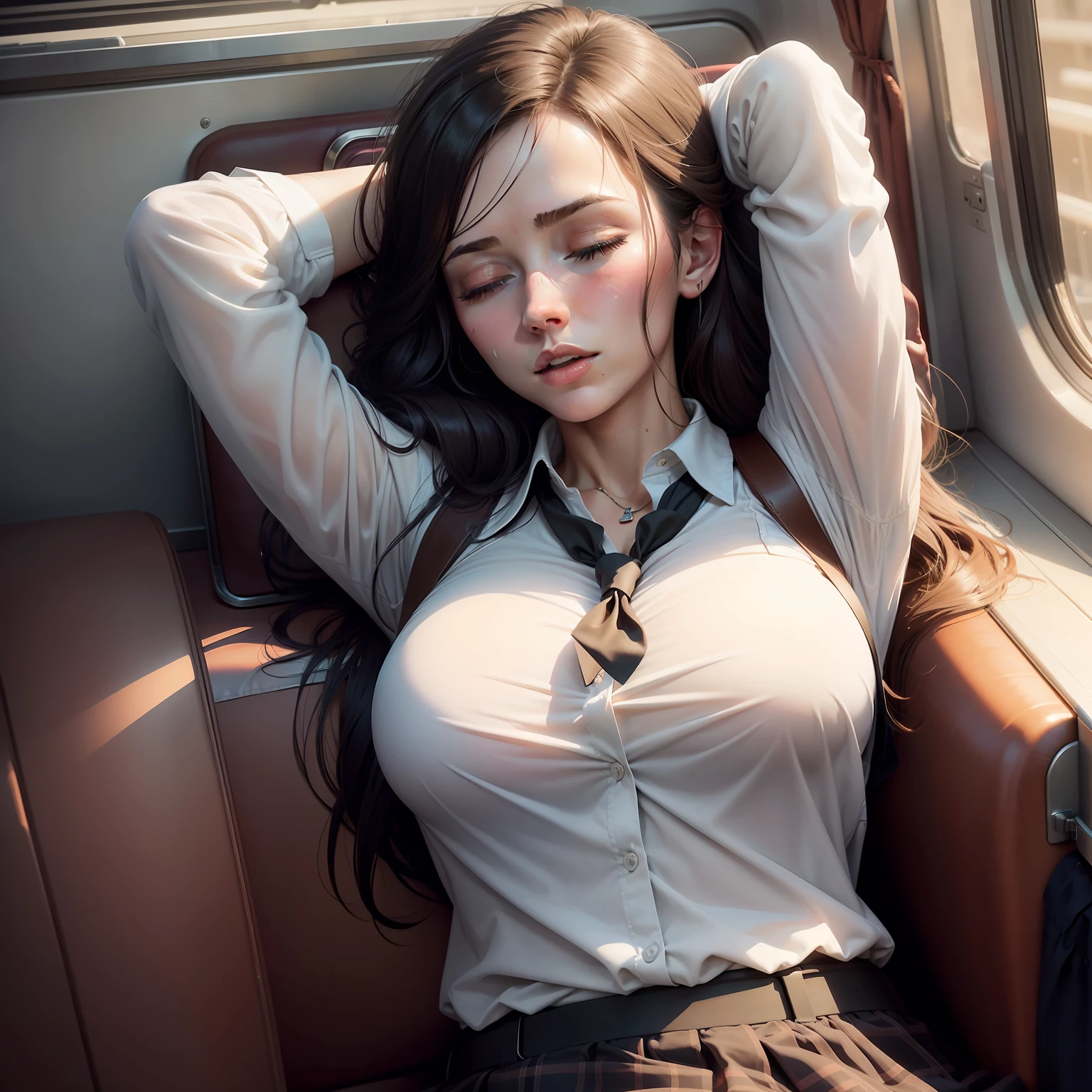 Beautiful woman, Lynn Collins, sleeping with her mouth open, sleeping soundly on the bus, drooling, sweating, eyelids outlined, passed out, beautiful body, dressed as a sexy schoolgirl