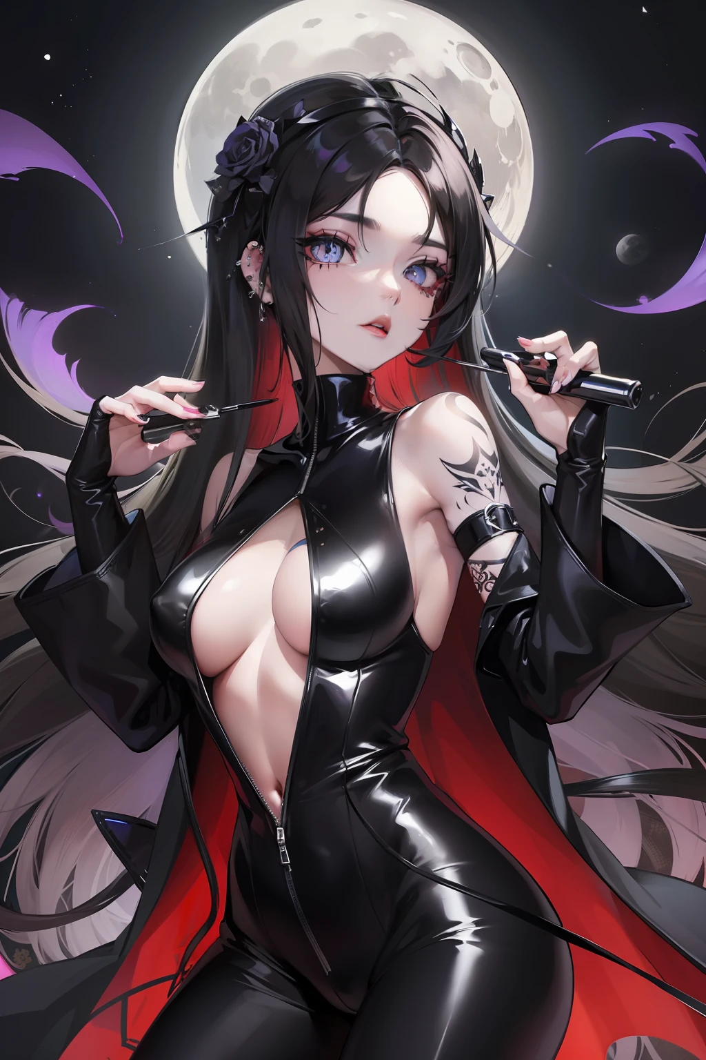 Selene undeworld, loba, Hibrido,piercings, tatuagens, tattoo de lua 🌙 na testa, black catsuit, Corcer, cabelo escuros, cachos,