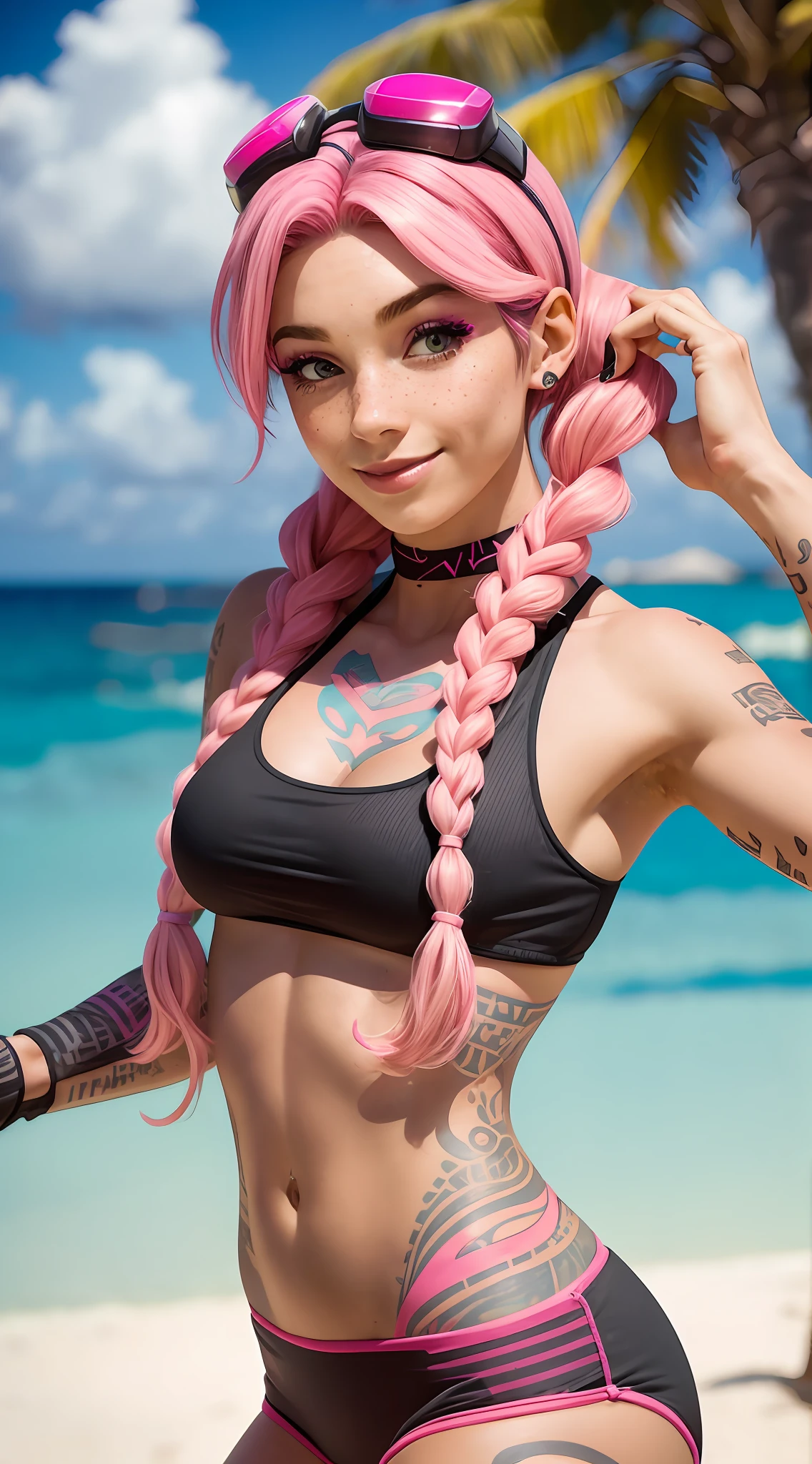 A single young hopeful woman with vibrant pink hair, striking a graceful and feminine pose, is on a tropical island, solo, happy, with a light smile. She has pink hair with pigtails, she wears pink goggles on her head. There is only one person. She has a few freckles on her cheeks and has tattoos on her arms, petite, large chested. She is wearing a black sports bra woth pink stripes ( vissible through sports bra) along with black swim shorts. She is laying down getting a tan on a private beach, upper body shot
