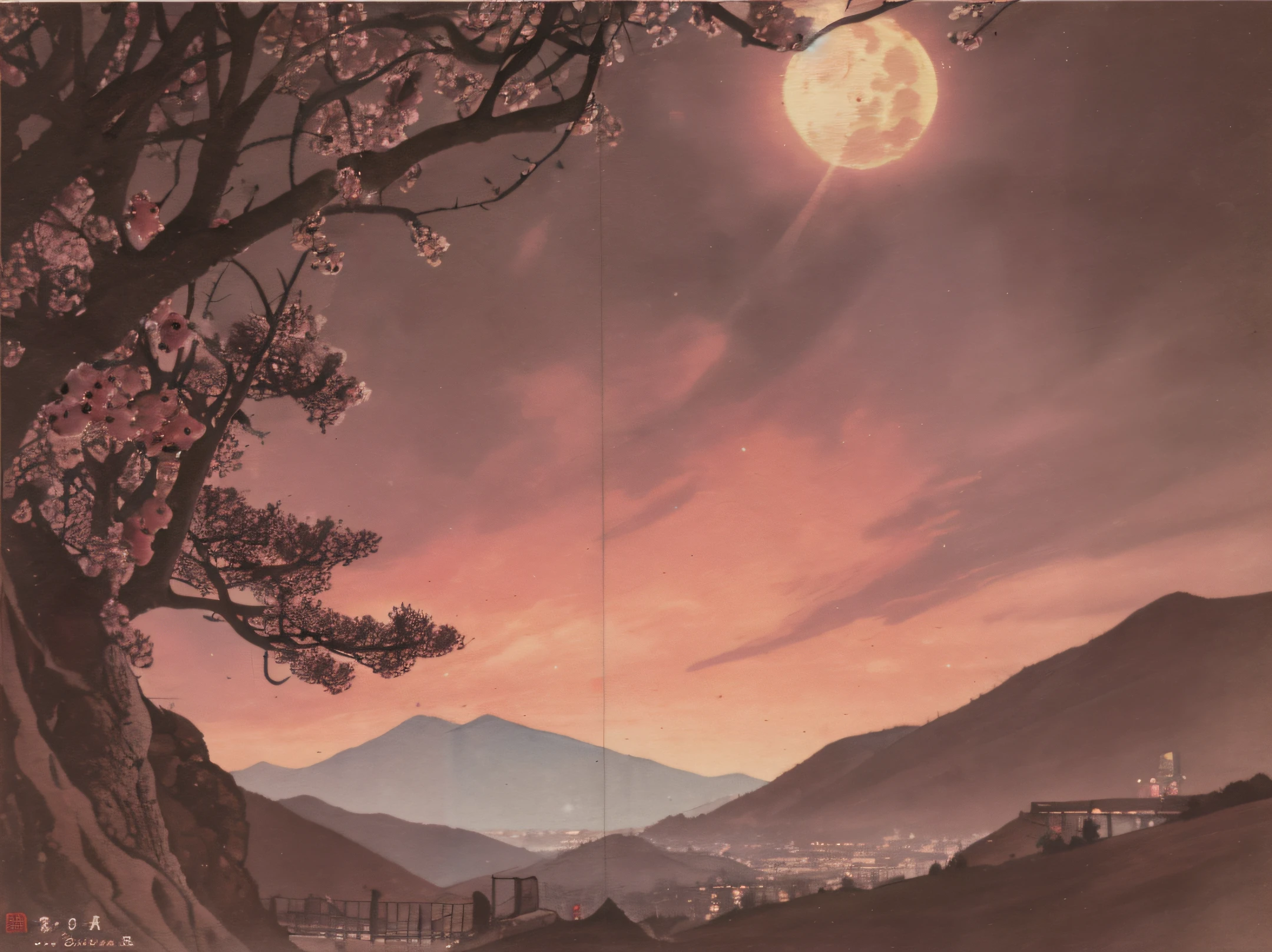 Chinese wind, moon, landscape, plum blossom, peach blossom, hell god