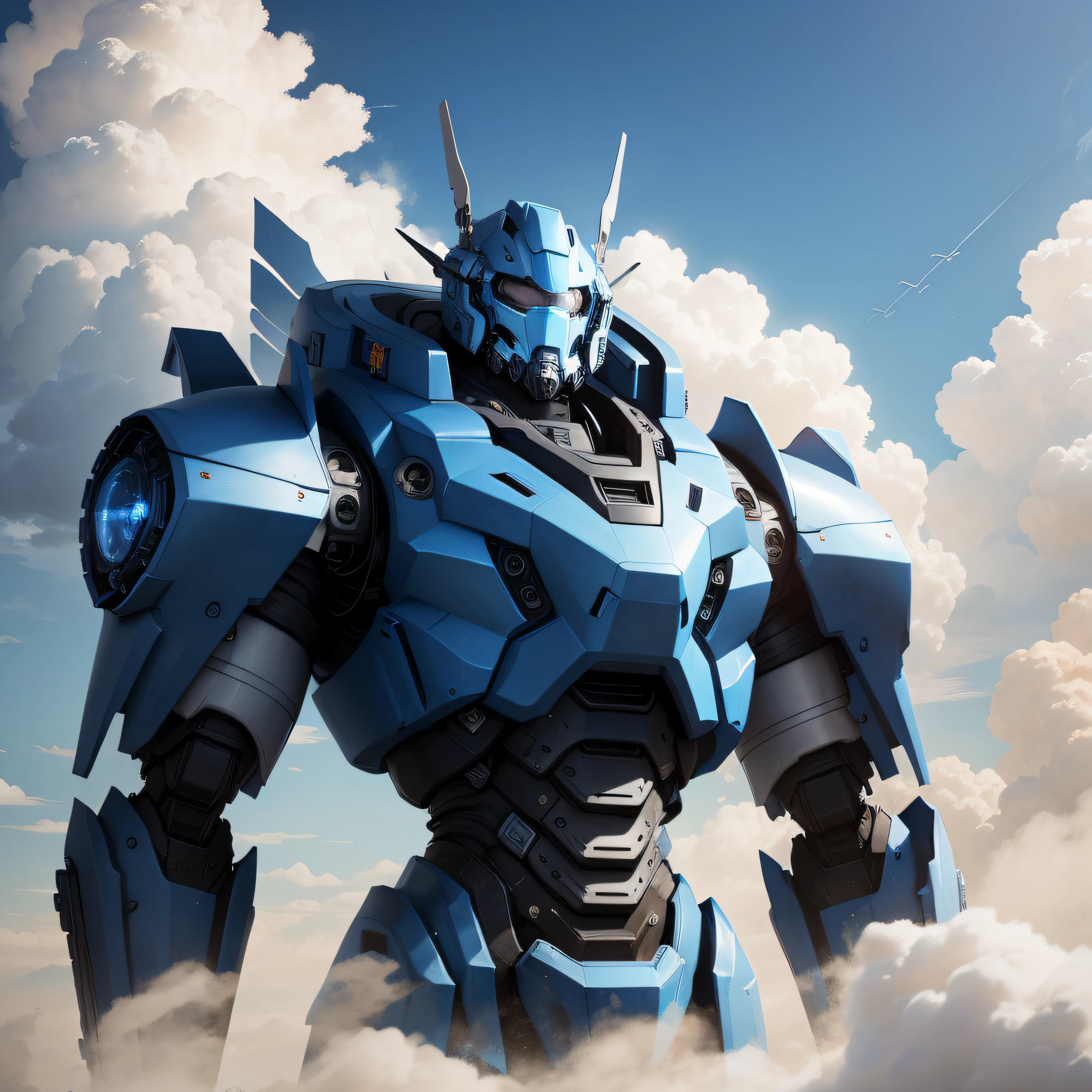 mechs，immensity，blue white colors，Handsome，Above the clouds。