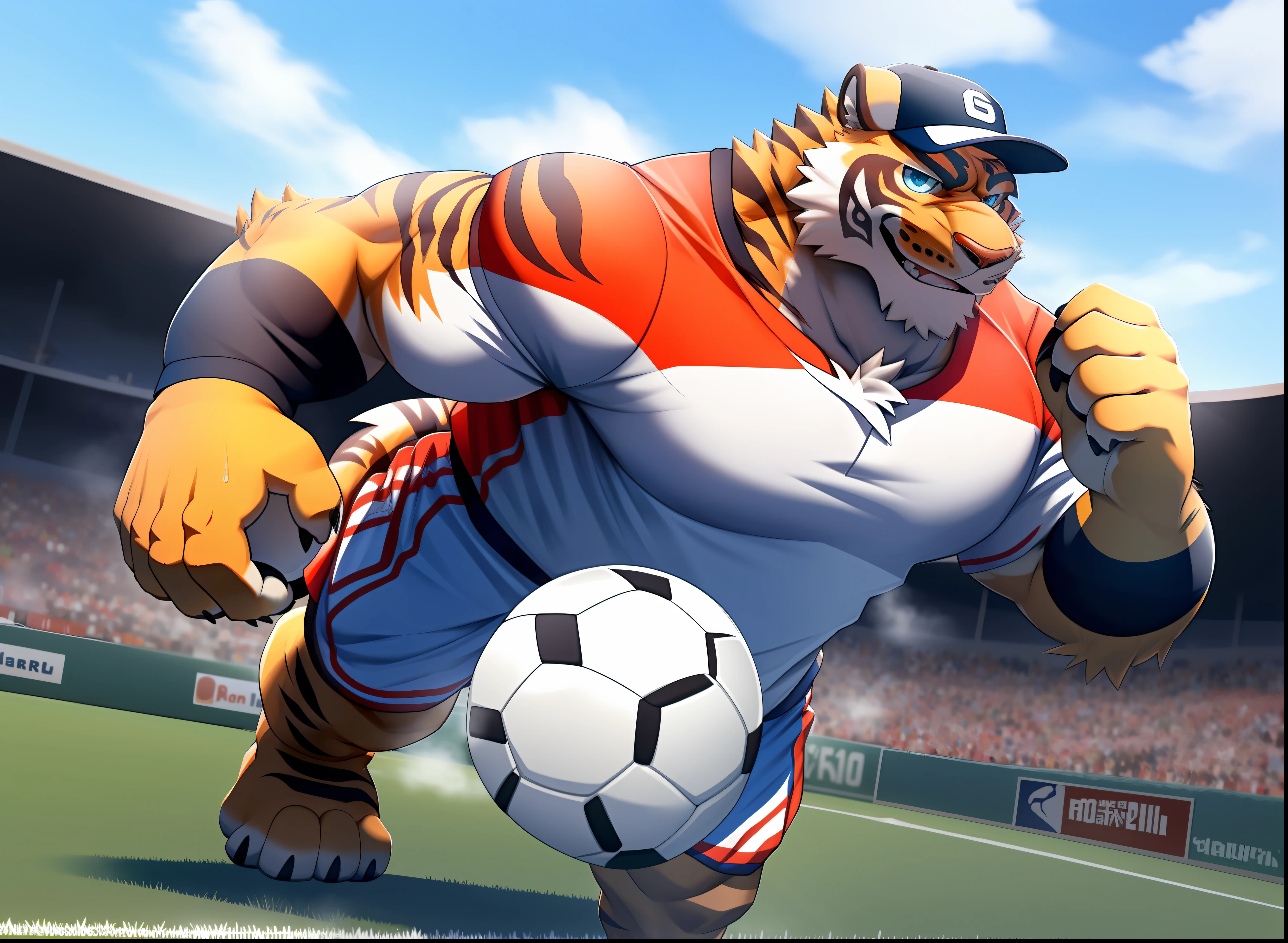anthro, balls, bodily fluids, fur, looking at viewer, male, multicolored body, multicolored fur, muscular, musk clouds,solo, two tone body, two tone fur, (lin hu), baseball cap, baseball uniform, blue eyes,full body,soccer ball,play soccer,