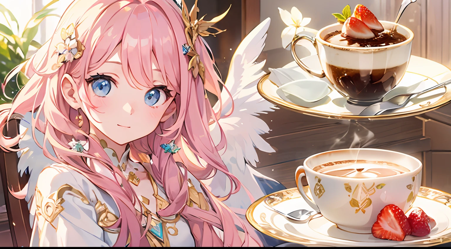 photoRealstic、Drawing of a girl with angel wings、Beautiful Angel Girl、Close one eye、Luxurious rooms in the coffee shop、Strawberry Shortcake and Coffee Set