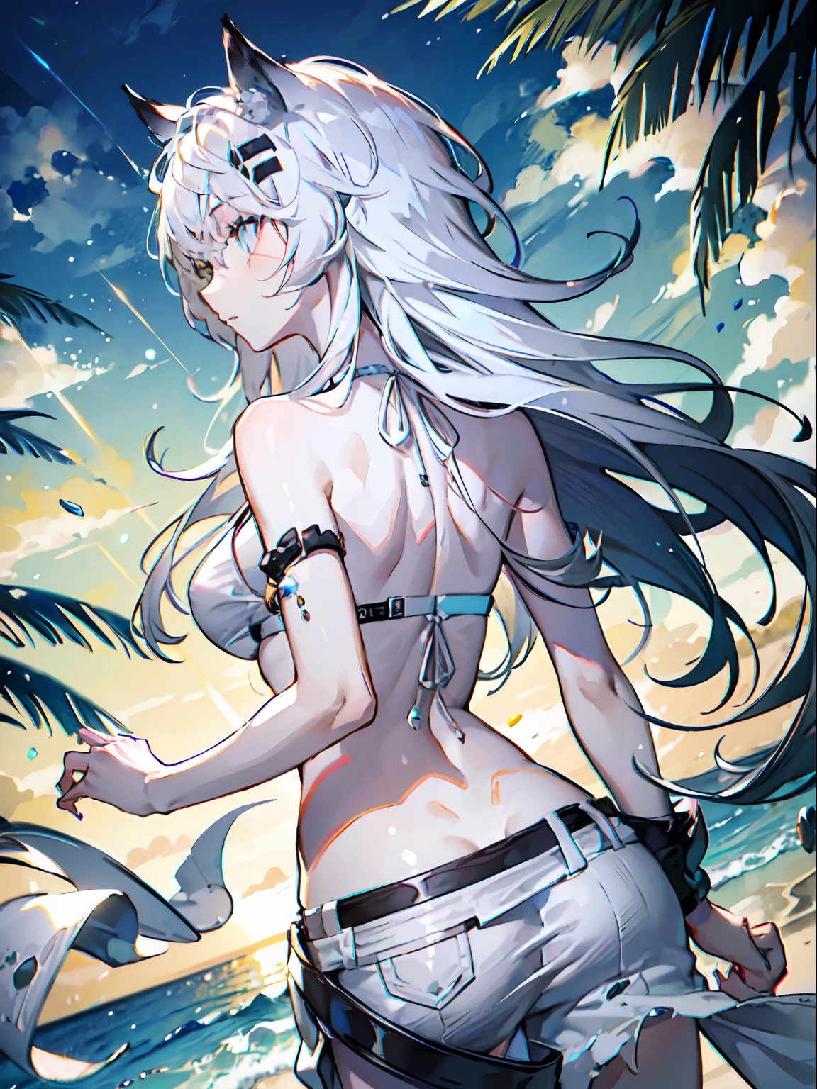 ((female)), (solo:1.2), ((masterpiece)), ((detailed eyes)), (bokeh effect), (dynamic angle), dynamic pose, straight hair, long hair, (bikini), bare shoulders, ((bare nape)), (from behind), (upper shot), back, beach