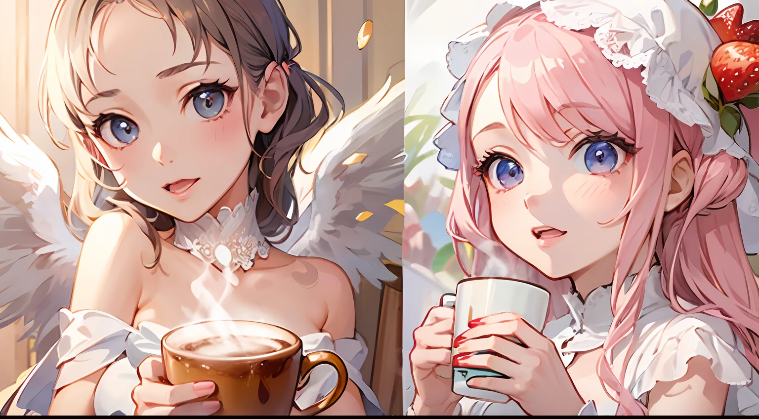 photoRealstic、Drawing of a girl with angel wings、Beautiful Angel Girl、Close one eye、Luxurious rooms in the coffee shop、Strawberry Shortcake and Coffee Set