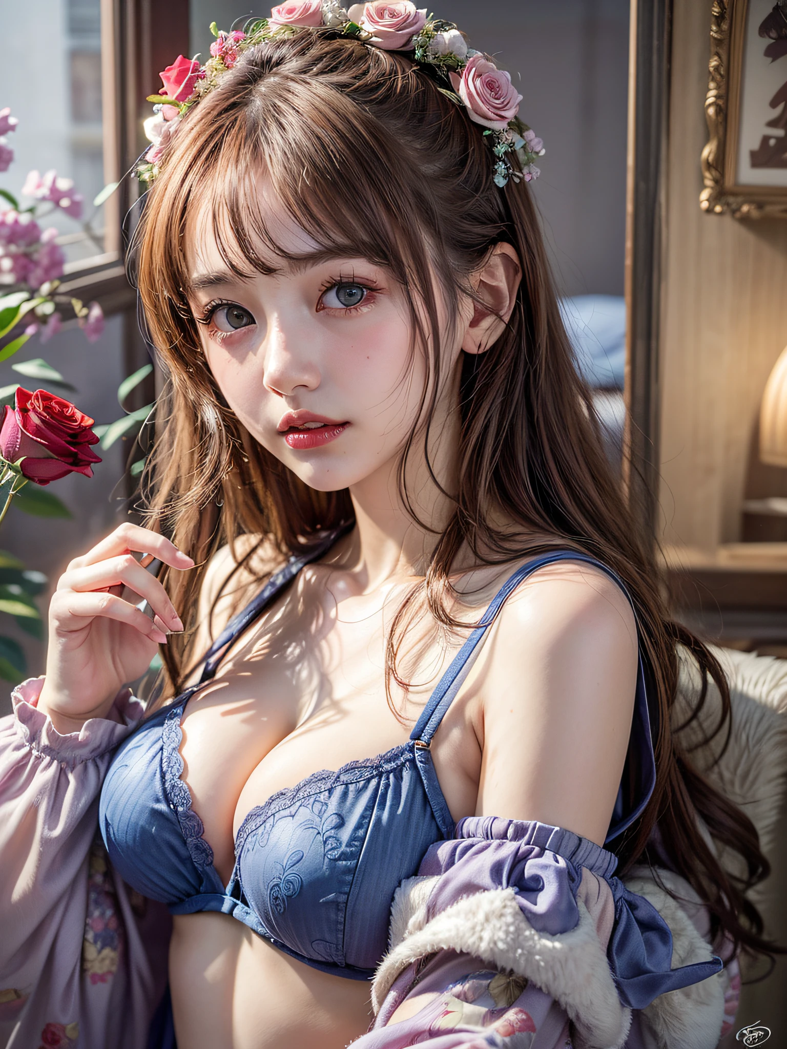 ((1 Young and beautiful girl:1.2)), cute little, (8K, Raw photography, top-quality, ​masterpiece:1.2), high-definition RAW color photography, professional photograpy, ciinematic light, (masuter piece:1.5), (top-quality:1.2), (ssmile:1.2), (cleavage of the :1.2), Slender beautiful girl, blue eyess,  and cool, with floral pattern, opened ,   shoulders​, pubick hair, ( details), Opening Mouth, roses, florals,