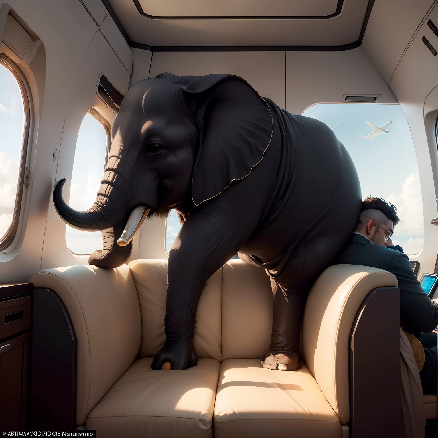 Um elefante majestoso e imponente, vestindo um elegante terno e uma gravata, com um sorriso confiante no rosto, sitting in a soft leather armchair on a luxury private plane. The cabin is exquisite, with luxurious and spacious interiors to accommodate the elephant comfortably. The soft and warm light of the plane creates a relaxing and exclusive atmosphere. Nas patas, o elefante segura um tablet ou uma pasta de documentos, showing your ability to handle important financial information. Ao redor, The other passengers and crew of the plane observe with admiration and respect the magnificent presence of the elephant in the luxurious environment. through the windows, One can see the white clouds and the blue sky, evoking a sense of freedom and adventure. O elefante, a symbol of strength and wisdom, is clearly in control and enjoying the comfort of flight. The plane is a symbol of his achievements on the stock exchange, permitindo-lhe viajar com facilidade e estilo. A imagem transmite uma atmosfera de sucesso, Realization and luxury, as the elephant flies through the skies in his private plane, showing that even in the most unlikely position, He can be a master of business.