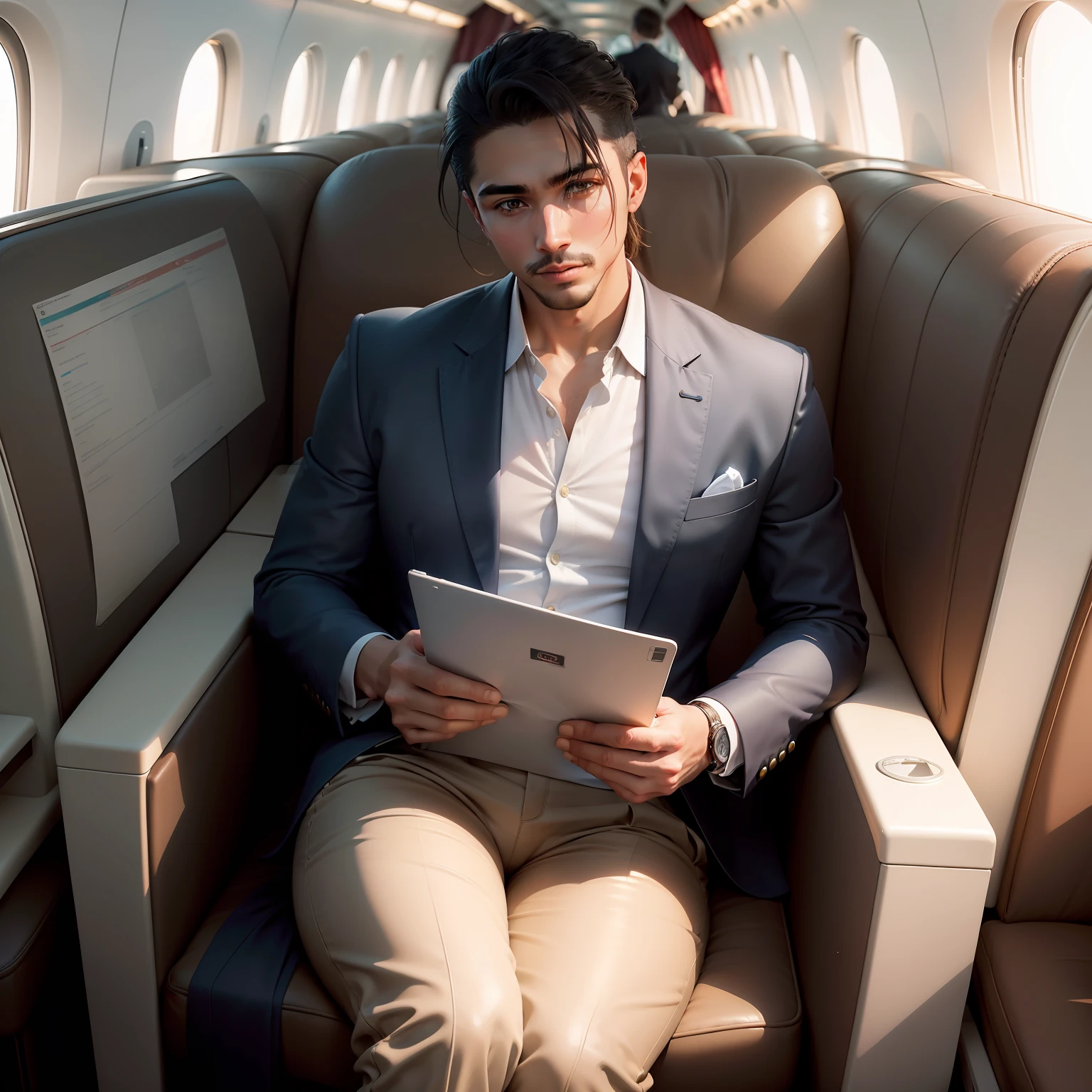 Um elefante majestoso e imponente, vestindo um elegante terno e uma gravata, com um sorriso confiante no rosto, sitting in a soft leather armchair on a luxury private plane. The cabin is exquisite, with luxurious and spacious interiors to accommodate the elephant comfortably. The soft and warm light of the plane creates a relaxing and exclusive atmosphere. Nas patas, o elefante segura um tablet ou uma pasta de documentos, showing your ability to handle important financial information. Ao redor, The other passengers and crew of the plane observe with admiration and respect the magnificent presence of the elephant in the luxurious environment. through the windows, One can see the white clouds and the blue sky, evoking a sense of freedom and adventure. O elefante, a symbol of strength and wisdom, is clearly in control and enjoying the comfort of flight. The plane is a symbol of his achievements on the stock exchange, permitindo-lhe viajar com facilidade e estilo. A imagem transmite uma atmosfera de sucesso, Realization and luxury, as the elephant flies through the skies in his private plane, showing that even in the most unlikely position, He can be a master of business.