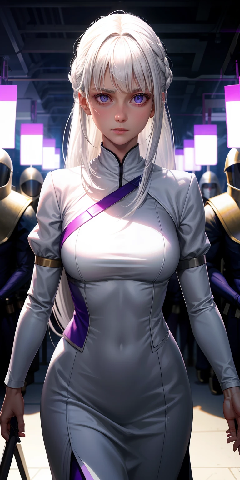 realisticlying，1girl，White hair，Purple eye，glowing light eyes，White top，Behind the woman stood 6 guards