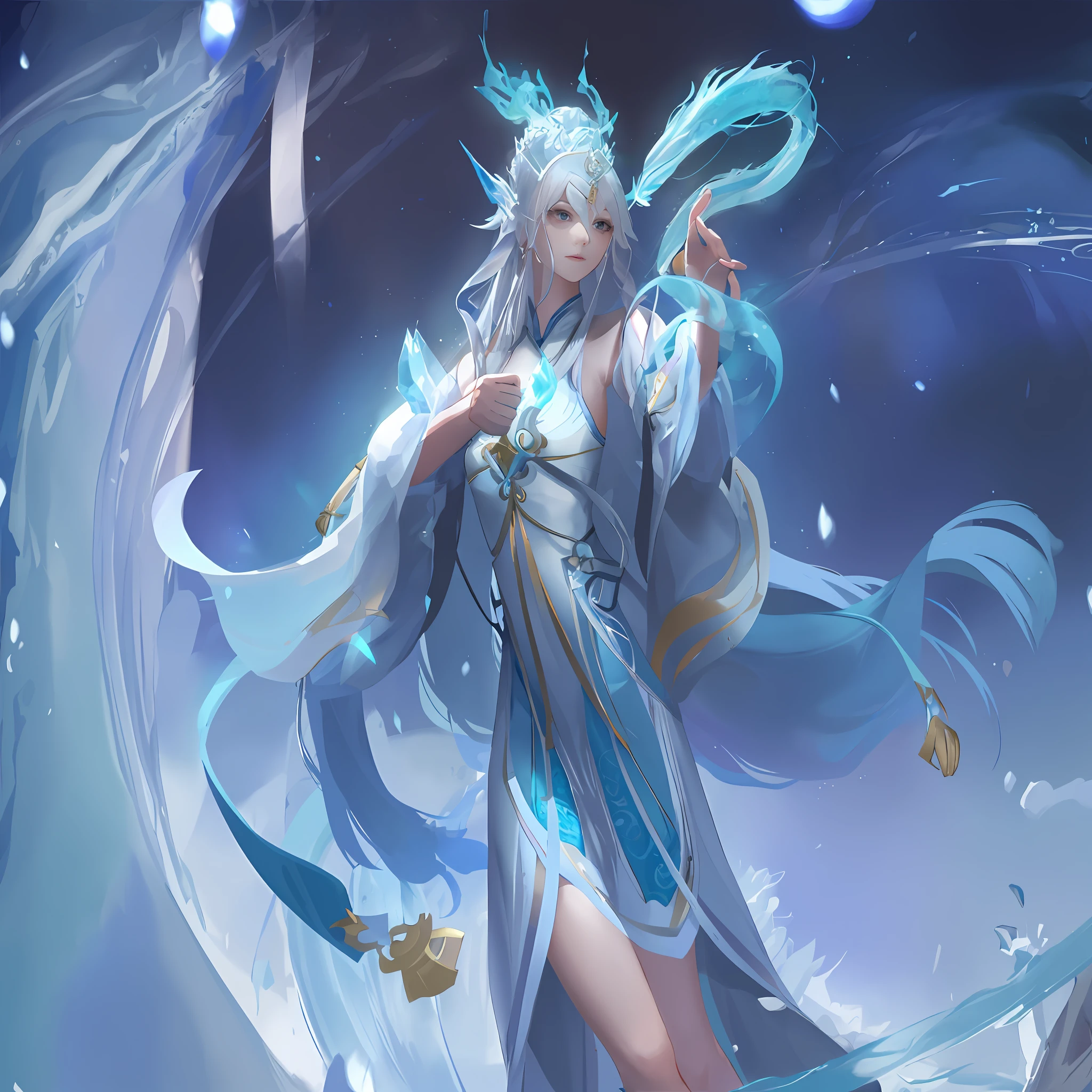 One in a blue dress,Close-up of a woman with long white hair, Beautiful celestial mage, full-body xianxia, ice sorceress, heise jinyao, Inspired by Lan Ying, queen of the sea mu yanling, white-haired god, goddess of winter, Yun Ling, queen of ice and storm, Ice Mage, inspired by Ju Lian