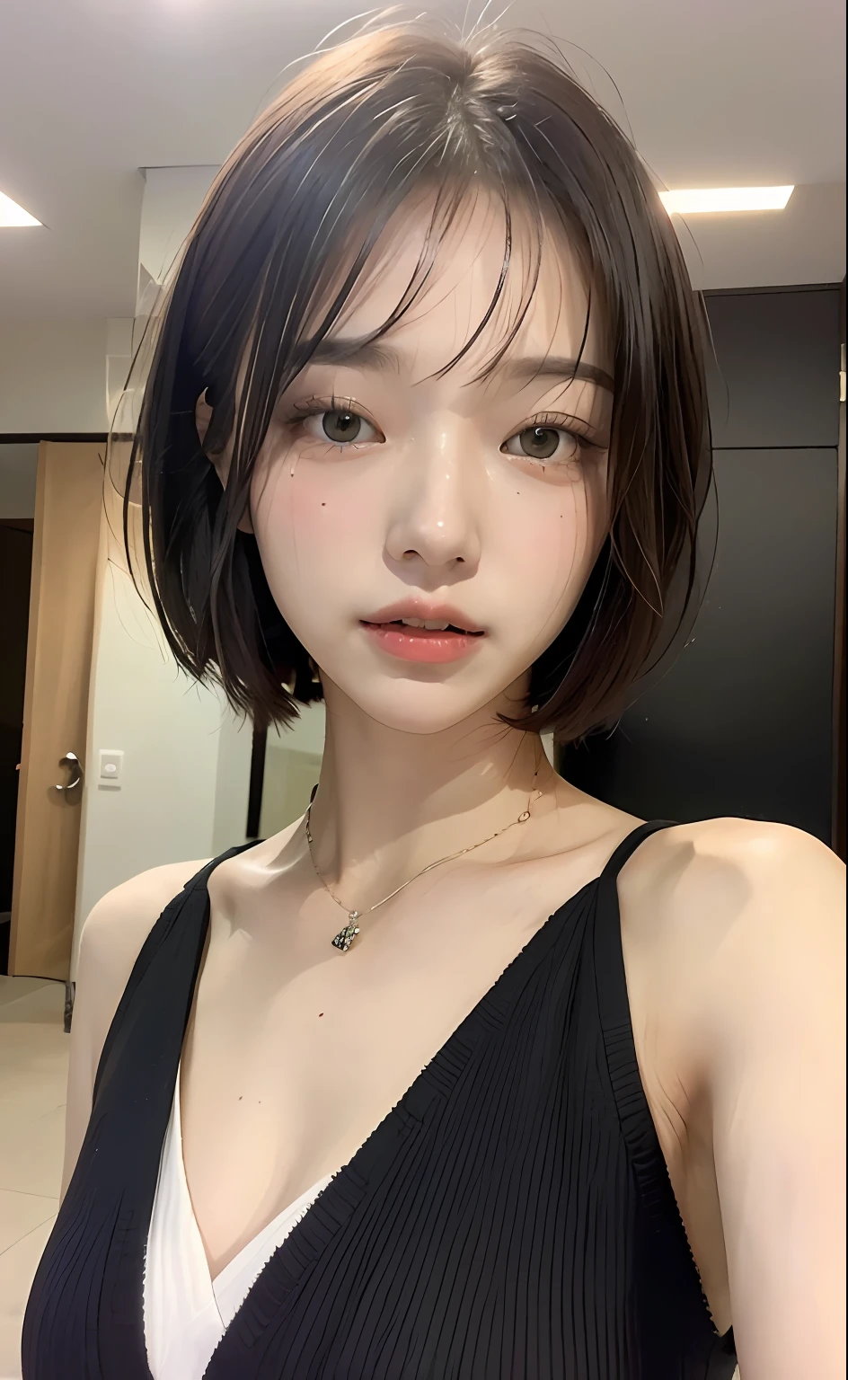 ((top-quality、8K、masterpiece:1.3))、Beautuful Women、1girl in、(cute little)、Slender Abs:1.1、Party Dresses、((short-hair))、hyperdetailed face、very detailed lips、A detailed eye、二重まぶた、(well-groomed bangs.1.3)、dark brown hair、big eye、enticing lips、The corners of the mouth rise、Black eye、Luxurious room、cute wan asian face, the face of a beautiful Japanese girl, with short hair with bangs,, white hime cut hairstyle、Slender eyes、Cardigan、off shoulders、