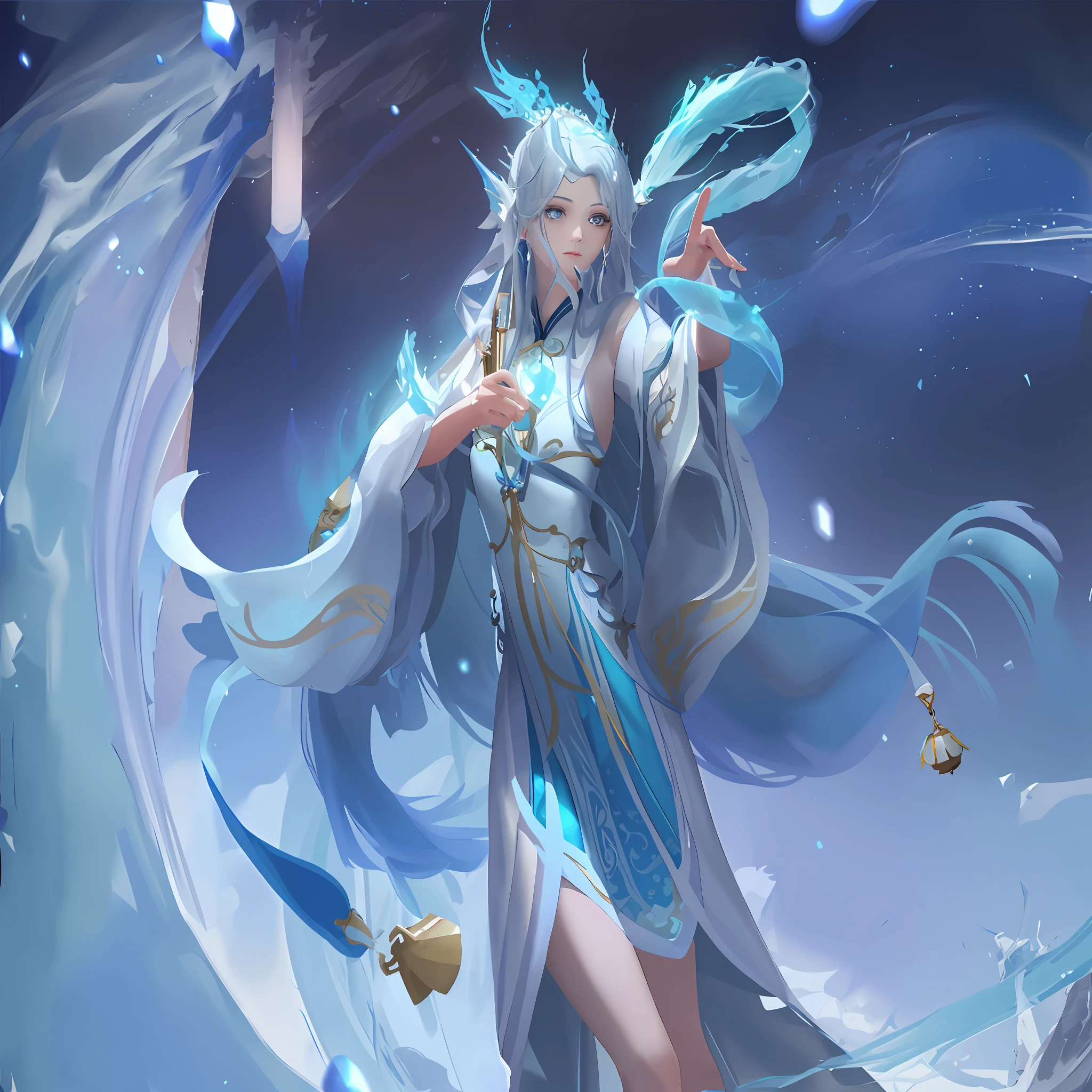 One in a blue dress，Close-up of a woman with long white hair, Beautiful celestial mage, full-body xianxia, ice sorceress, heise jinyao, Inspired by Lan Ying, queen of the sea mu yanling, white-haired god, goddess of winter, Yun Ling, queen of ice and storm, Ice Mage, inspired by Ju Lian
