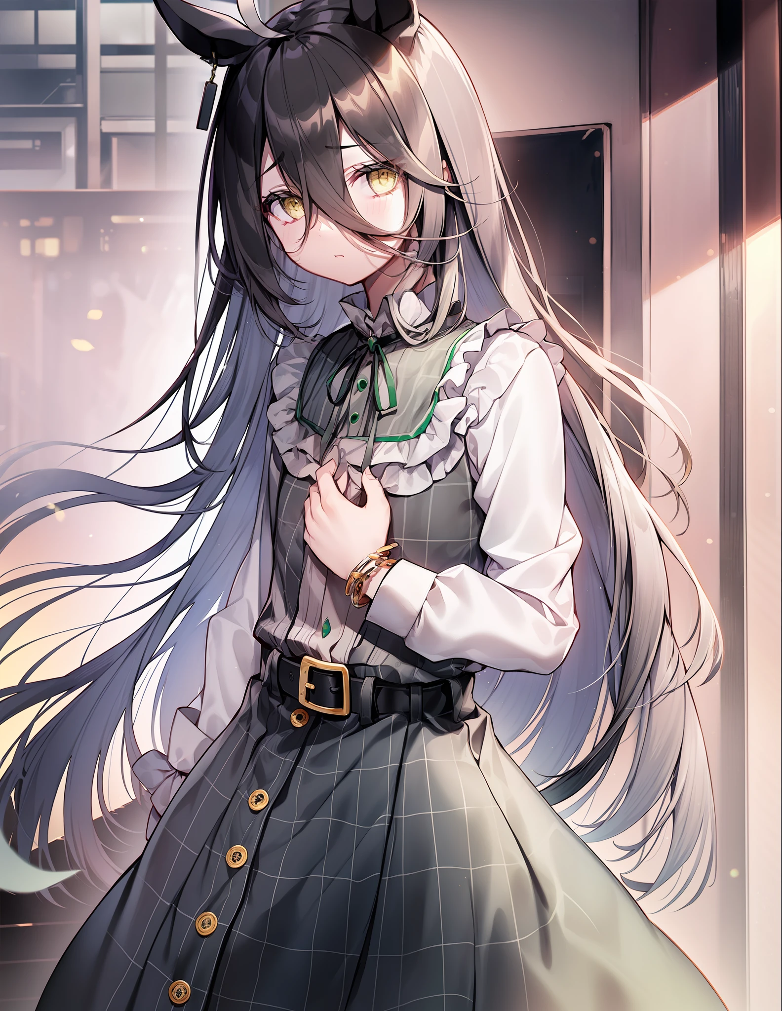 ((​masterpiece))、((top-quality))、(独奏)、Full body wide angle、manhattan-cafe,manhattan-cafe(Plain clothe),、White ahoge, (Long Black Hair)、long black bangs passing between the eyes,,、Black-haired horse ears、Horse tail、Yellow eyes without highlights、((((flat chest))))、 rcasual、Neck ribbon、a black ribbon、puffy long sleeves、A bracelet、Yellow collar shirt、Ruffled shirt collar、Tuck your shirt in、Black belt、belt buckle、(Dark green long skirt)、plaid skirts、Black pantyhose、Black footwear、