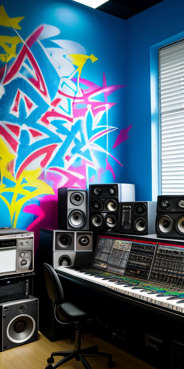Prompt: Photographic image of a rock band music studio, com grafites, cartazes, e instrumentos musicais