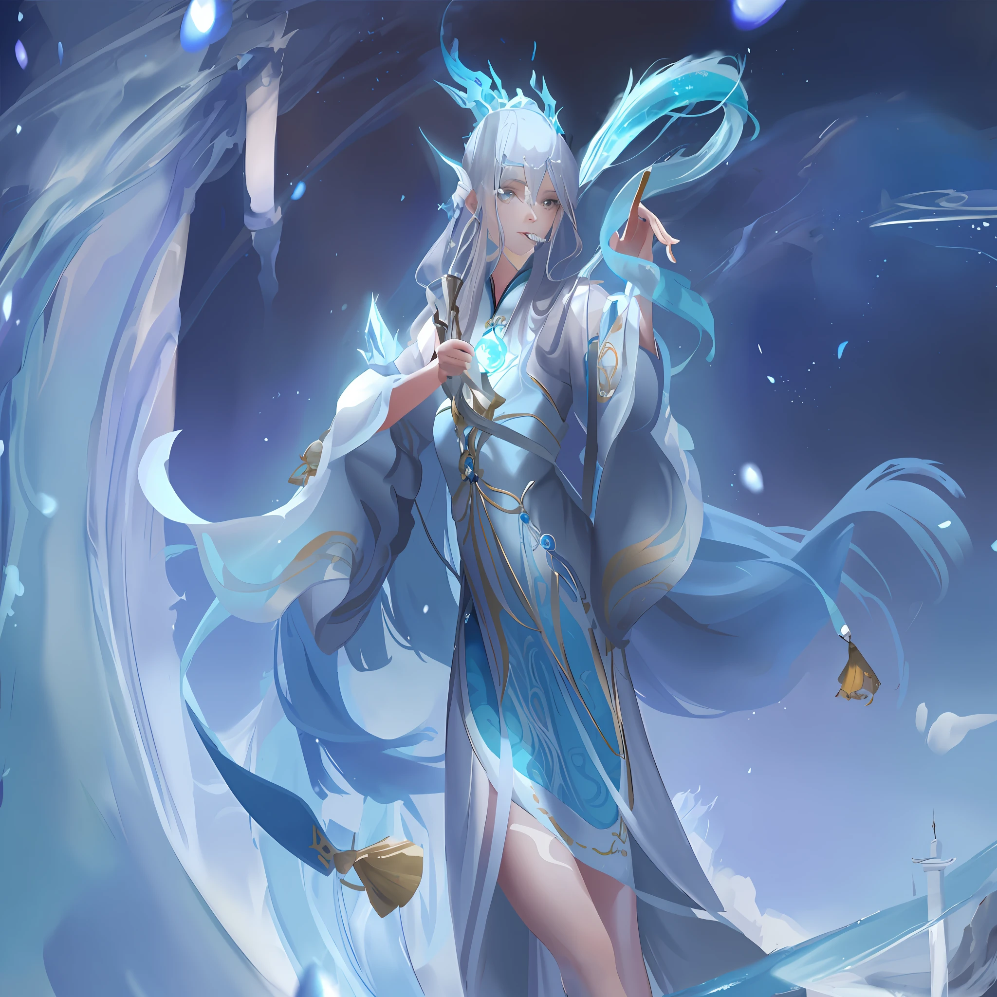 One in a blue dress，Close-up of a woman with long white hair, Beautiful celestial mage, full-body xianxia, ice sorceress, heise jinyao, Inspired by Lan Ying, queen of the sea mu yanling, white-haired god, goddess of winter, Yun Ling, queen of ice and storm, Ice Mage, inspired by Ju Lian