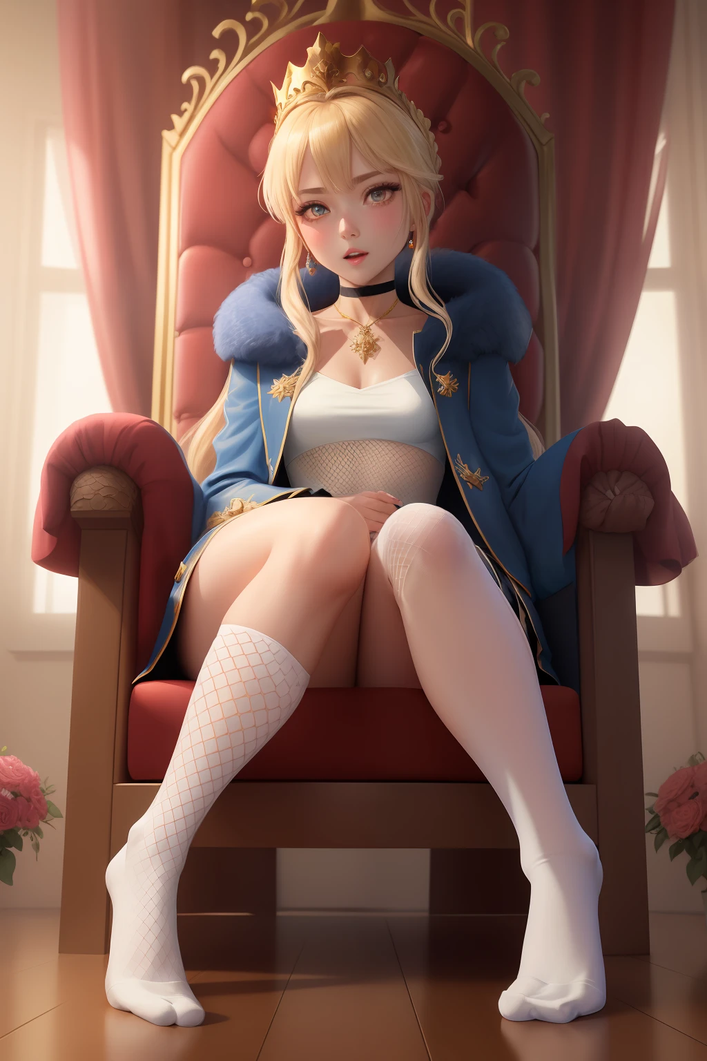 exposed ，Exposed genitals，Detailed details，Artoria Pendragon，Skinny fishnet socks,Kizi ，diadems，choker necklace，ear jewelry，sitting on an royal throne，Golden hair，Golden pupils，diadems，queen，palaces，Tulle coat，Clothes open，Gorgeous short skirt，Golden pupils，Leg to knee，with thin legs，white legwear，without wearing shoes，fresh flowers，8K，Lewd expression，Blushing，