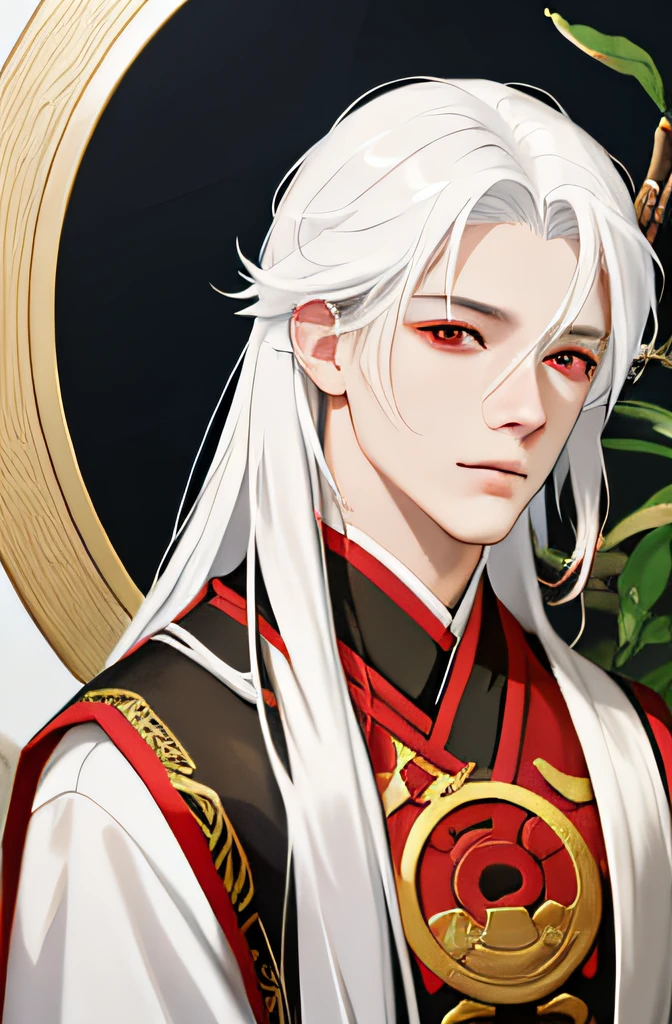 nsfw, masterpiece, best quality, ultra-detailed, semi-realistic, detailed facial features, 1boy, white hair, long hair, red eyes, wearing a detailed and intricate xianxia ancient clothes