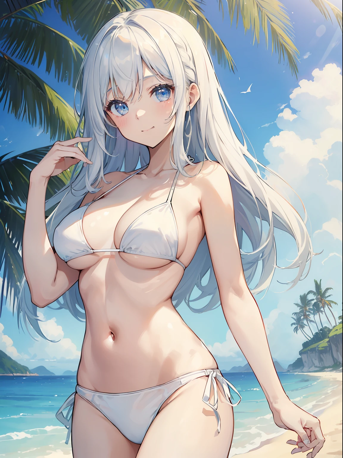 ((top-quality、8K、masterpiece:1.3))、1girl in、Beauty of slim abs:1.3、(Casual Hairstyles、huge tit:1.2)、((a white bikini:1.4)),an ultra-Small Face、A detailed eye、二重まぶた、a smile、the beach、Summer sky、focus