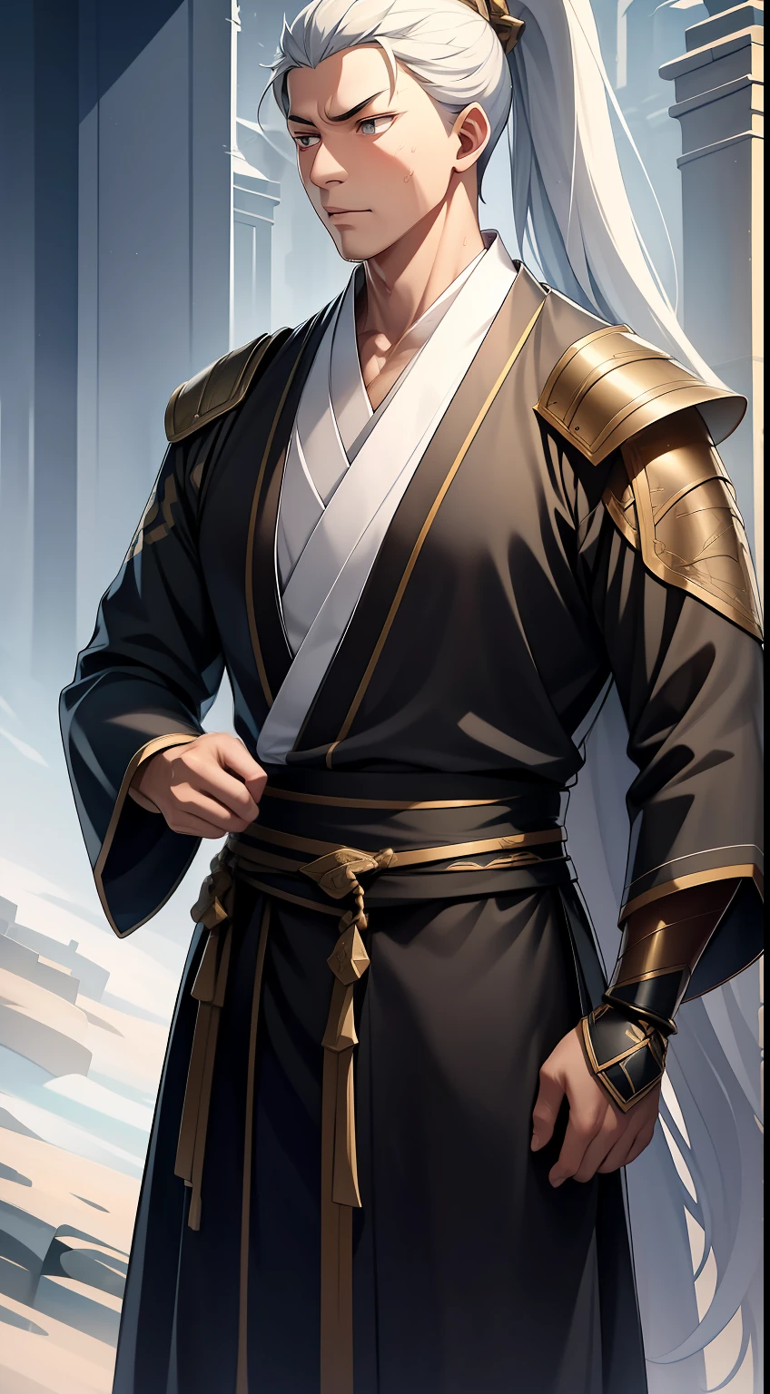 quadratic element,style of anime,mtu(Male Warrior),The proportions are correct,Face details,swordsmen,High ponytail hairstyle,Neck details,There is an Adam's apple,Black Hanfu,kaftan,Embroidered robes,Black robe,clothes details,Handing over,longer sleeves,Game quality,Swordsmanship,Light and shadow tracking,Ray traching,detailed glow,cg render,hair detail,long white hair,Black eyes,Handsome,Handsome,(juvenile sense),Clothing is complicated,Perfectcomposition,Refinement,high qulity,higher details,Lots of details,The background is complex,a sense of atmosphere,
