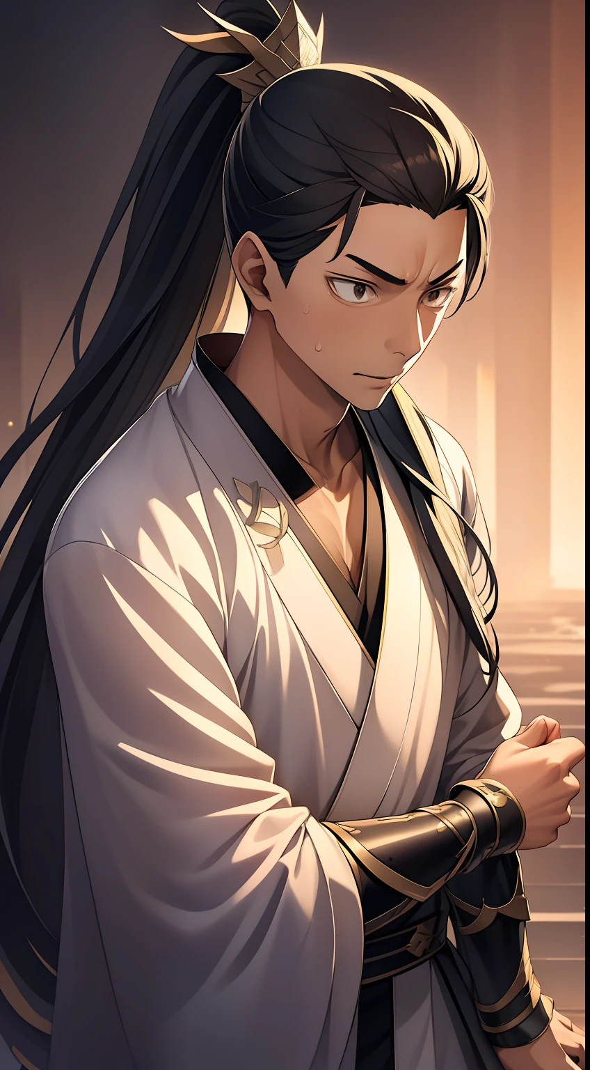 quadratic element,style of anime,mtu(Male Warrior),The proportions are correct,Face details,swordsmen,High ponytail hairstyle,Neck details,There is an Adam's apple,Black Hanfu,kaftan,Embroidered robes,Black robe,clothes details,Handing over,longer sleeves,Game quality,Swordsmanship,Light and shadow tracking,Ray traching,detailed glow,cg render,hair detail,long white hair,Black eyes,Handsome,Handsome,(juvenile sense),Clothing is complicated,Perfectcomposition,Refinement,high qulity,higher details,Lots of details,The background is complex,a sense of atmosphere,