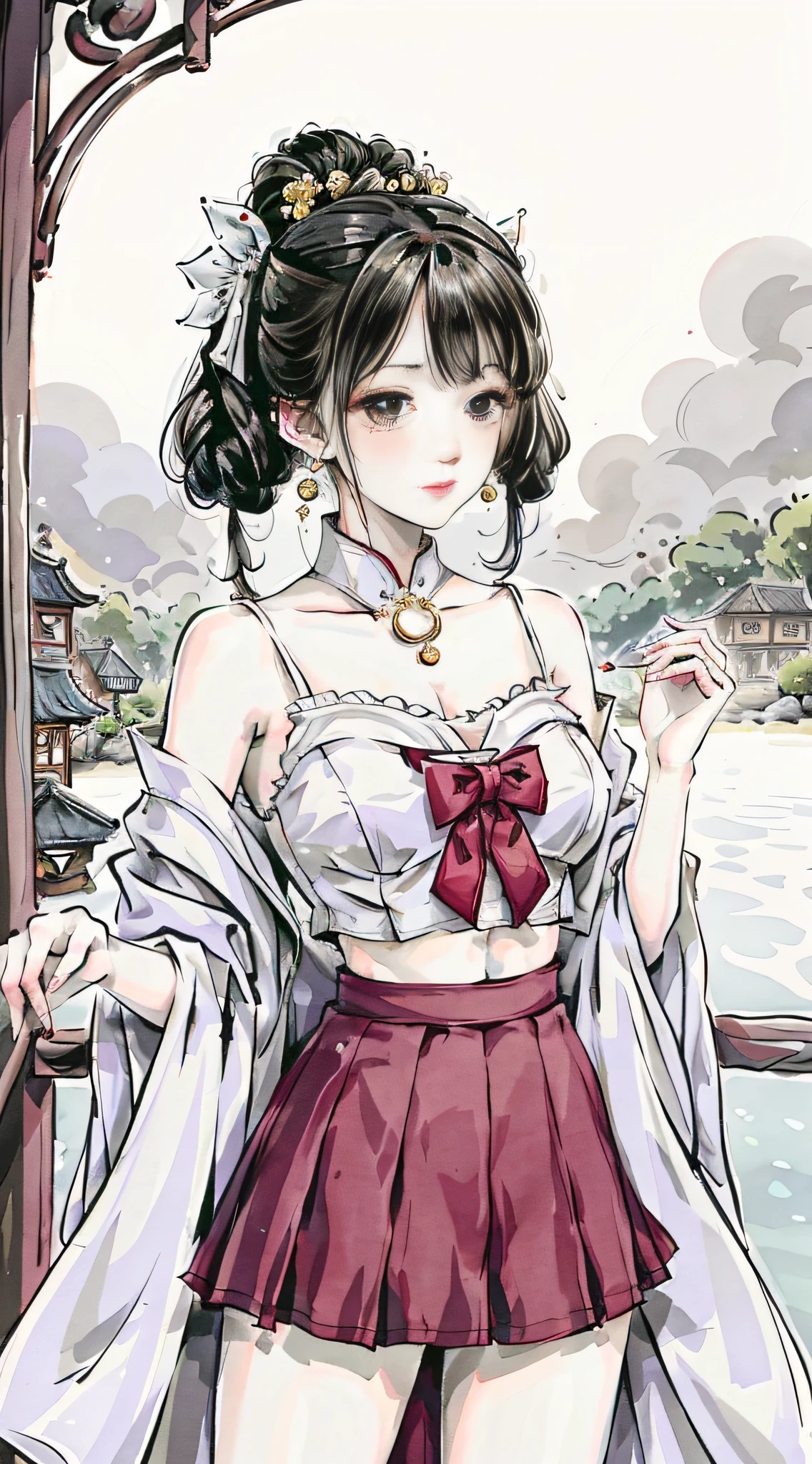 (masterpiece), best quality, good anatomy, shuimobysim, (1 girl: 1), (upper body), (smile), (short hair: 1.2), (hanfu), long coat, (ecchi0.5), (bridge: 1.2), (flowers: 0.6), moon, lantern in ancient China, delicate face, see-through, pink clothes, full body, close-up, back hand, Taoist robe, Thighs, raised high, cloudy, chinadre, overexposed, [wet suit: 1.2], mid-chest, solo, [doll], bare thighs, credibly_absurdres, strong angles, pleated skirt, chinoiserie architecture, single bun, white hair, red eyes, squinted eyes, indifferent attitude, eye shadow, eyeliner, no shoes, ribbon sleeves, earrings, necklace, headdress, mid-chest, sunlight, reflected light, ray tracing, , phoenix crown vermilion robe, blush