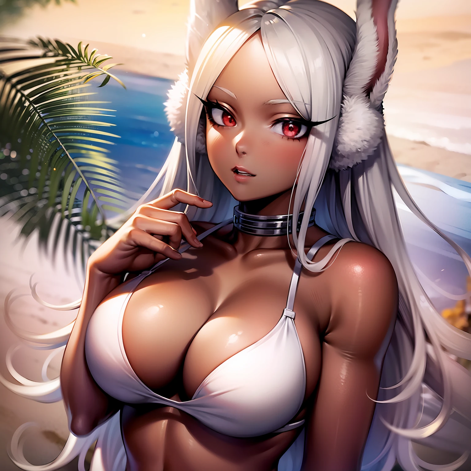 scan, (extremely detailed CG unity 8k wallpaper:1.1), highres, ambient light, (1girl), mirkomha, boku no hero academia, dark skin, red eyes, white hair, long hair, large breasts, rabbit ears, white bikini, beach