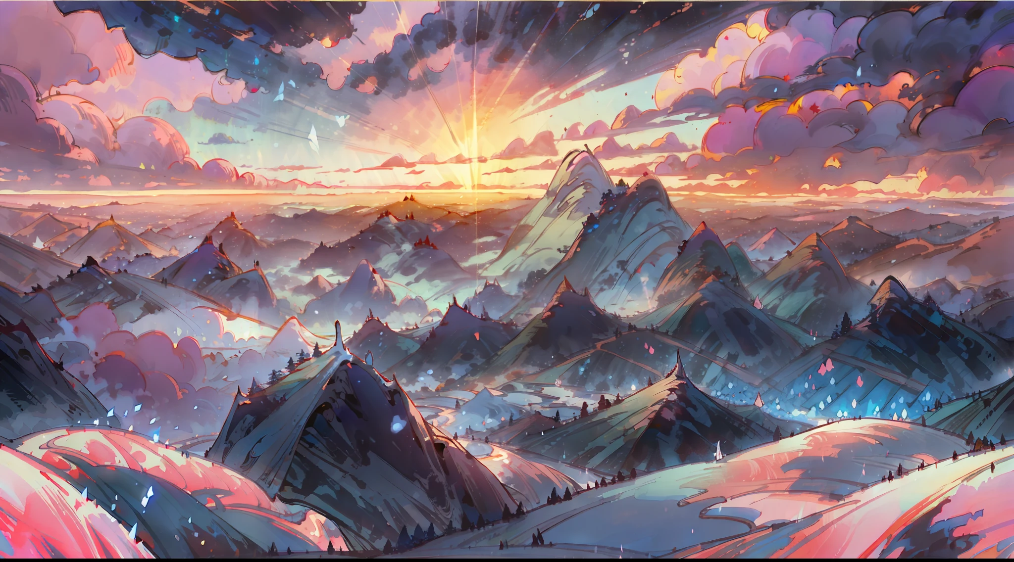 A surreal masterpiece,It presents a beautiful and spectacular view of dusk。Background of snow mountain formation,Accompanied by colorful sunsets and fantastic sky reflections。The beautiful sky is like a flame,Dingdall effect,Beautiful light,This 8K picture creates a fantastic atmosphere,Colorful clouds are suspended in it,Create surreal visual experiences