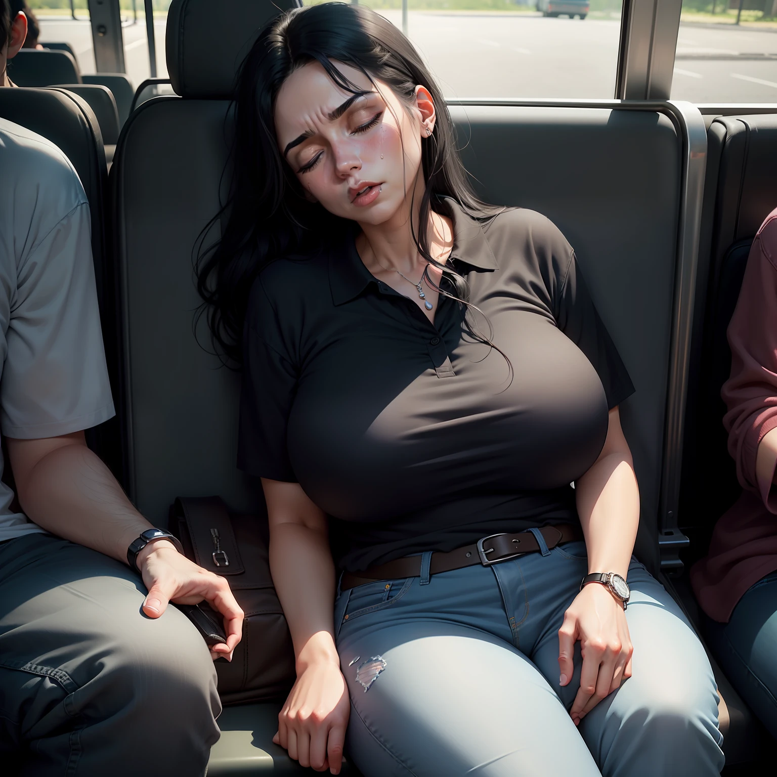 1 beautiful woman, 50 year old lady, sleeping with her mouth open, eyes closed, black hair, drooling, sleeping sitting on the bus, sweating, frowning, jeans, black polo shirt, big breasts, outlined eyes, drooling, snoring, passed out , black bag, perspective as if someone sitting next to you took a photo of you