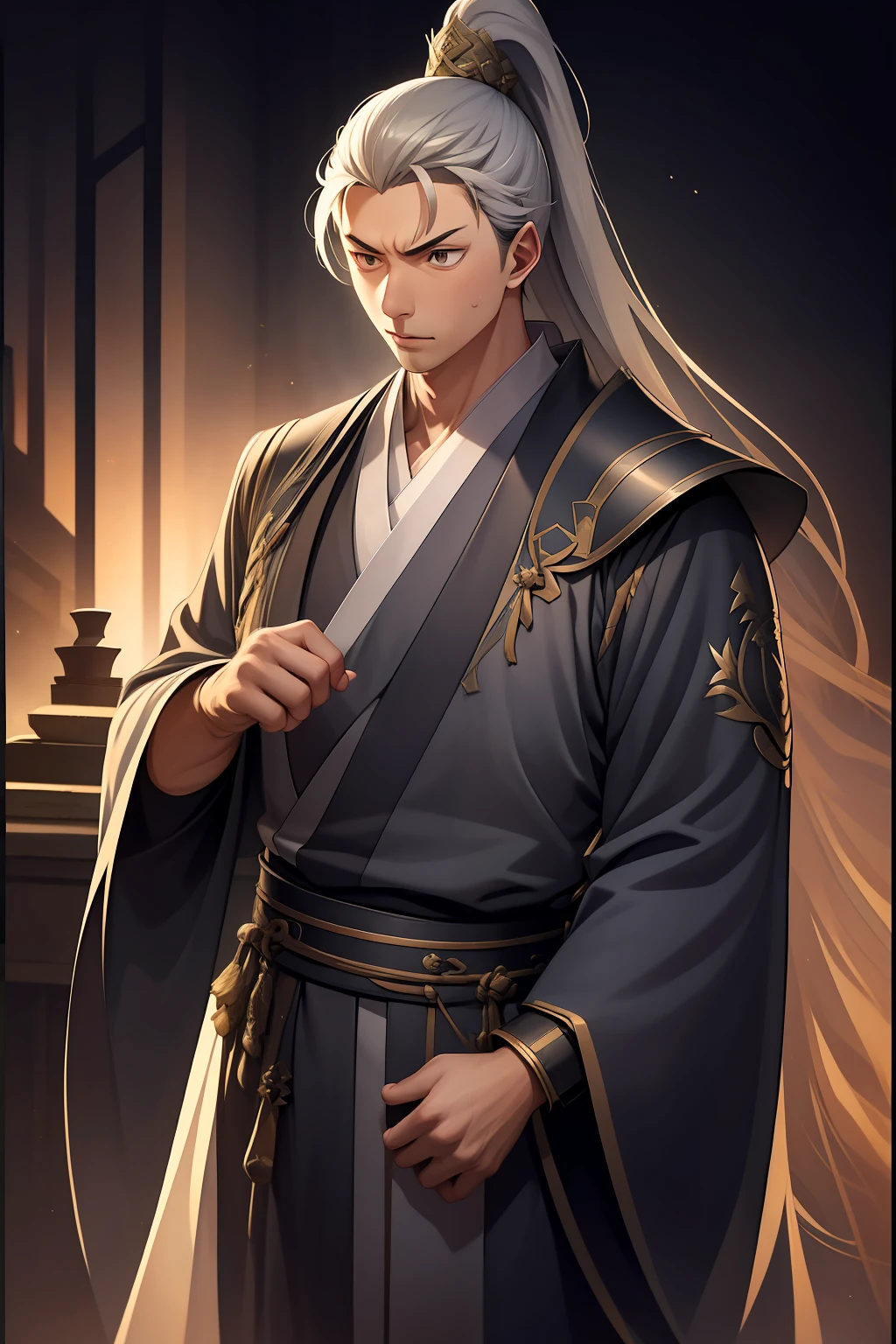 quadratic element,style of anime,mtu(Male Warrior),The proportions are correct,Face details,swordsmen,High ponytail hairstyle,Neck details,There is an Adam's apple,Black Hanfu,kaftan,Embroidered robes,Black robe,clothes details,Handing over,longer sleeves,Game quality,Swordsmanship,Light and shadow tracking,Ray traching,detailed glow,cg render,hair detail,long white hair,Black eyes,Handsome,Handsome,(juvenile sense),Clothing is complicated,Perfectcomposition,Refinement,high qulity,higher details,Lots of details,The background is complex,a sense of atmosphere,