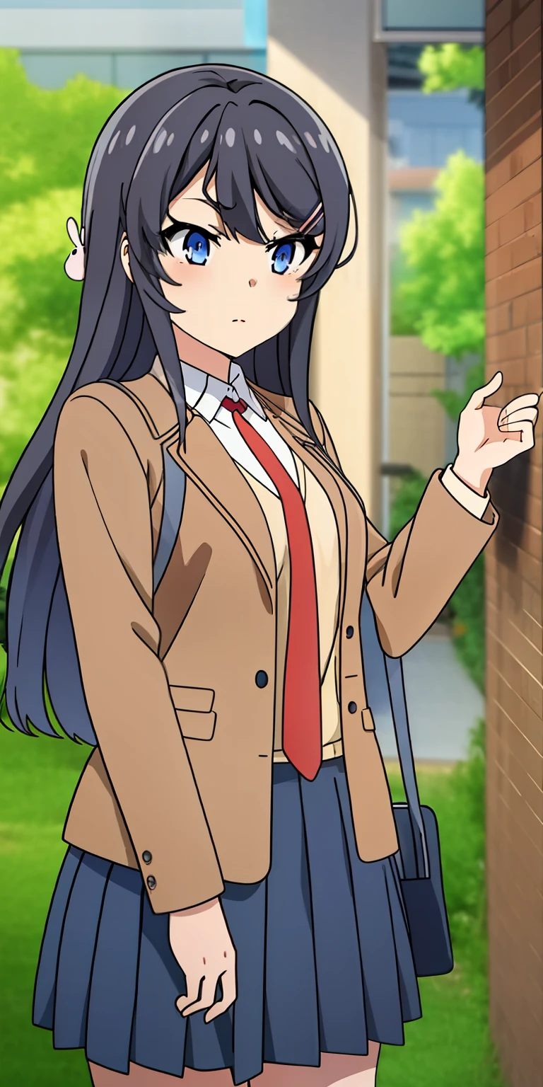 mai-san, sakurajima mai, 1girl, solo, long hair, smile, open mouth, skirt, black hair, hair ornament, school uniform, jacket, closed eyes, beautiful eyes, pleated skirt, necktie, hairclip, bag, profile, red necktie, brown jacket, rabbit hair ornament, side view, full body, (masterpiece), (high resolution)