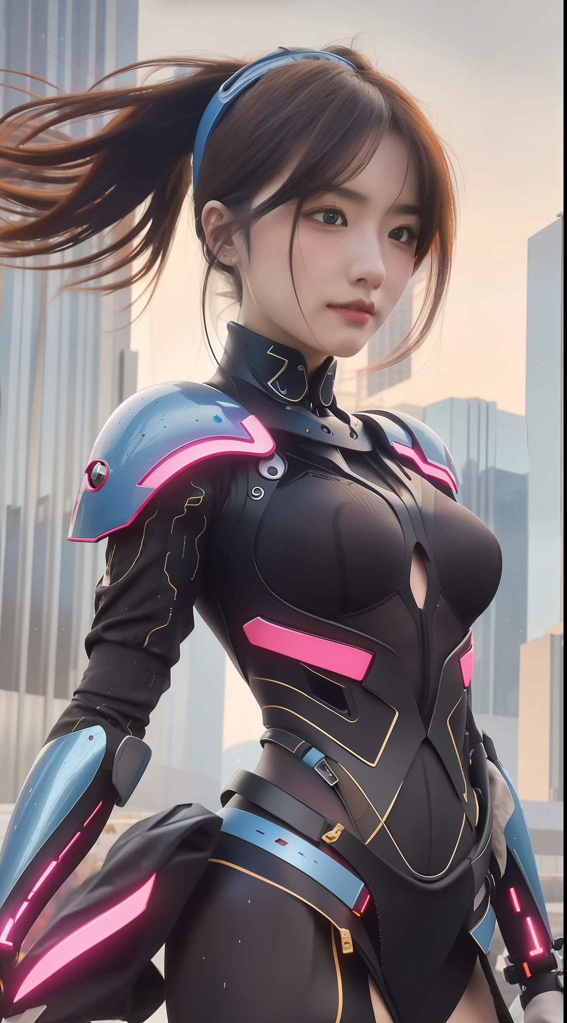 Highest Quality, Outstanding detail, 超A high resolution, (fidelity: 1.4), Best Illustration, favor details, 30-year-old mecha girl with delicate and beautiful face, ((Blue Symborg Body: 1.8)), slim,full body Esbian,zoomout,Frontal, Ruins,Cyberpunk, Futuristic, Real Mecha、glitters、droid、s Armor、head gear、mechanical aesthetics, Complex mechanics,, Virtual Engine 5, Perfect Detail Rendering, Octane Rendering, Ultra HD、Hair flutters in the wind、flying though the air、A sexy
